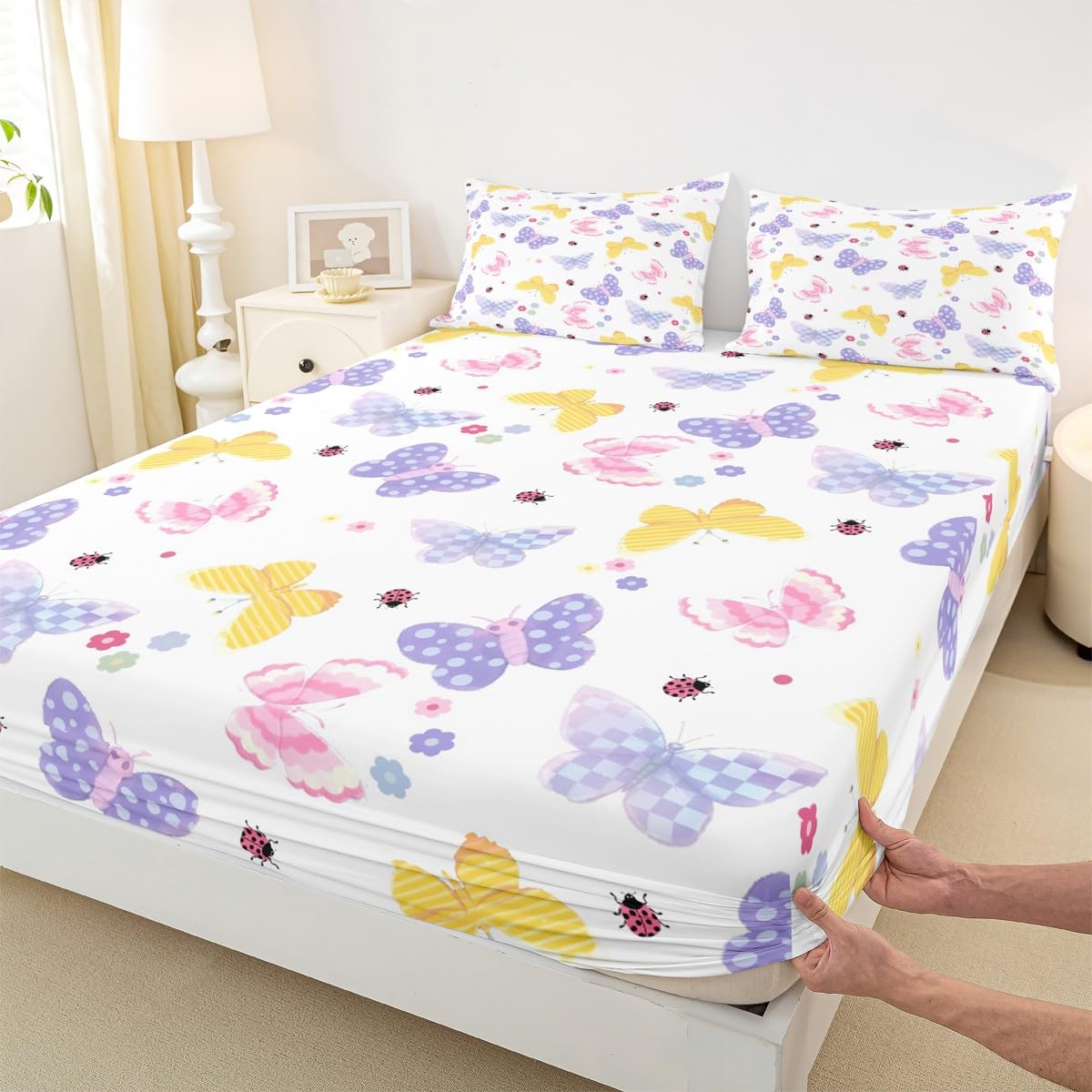 Feelyou Butterfly Fitted Sheet with 1 Pillowcase Twin Size Butterflies Printed Pattern Bed Sheets Set 16" Deep Pocket Boys Girls Purple Blue Checked Bedding Cute Flowers Teens Bedroom Decor