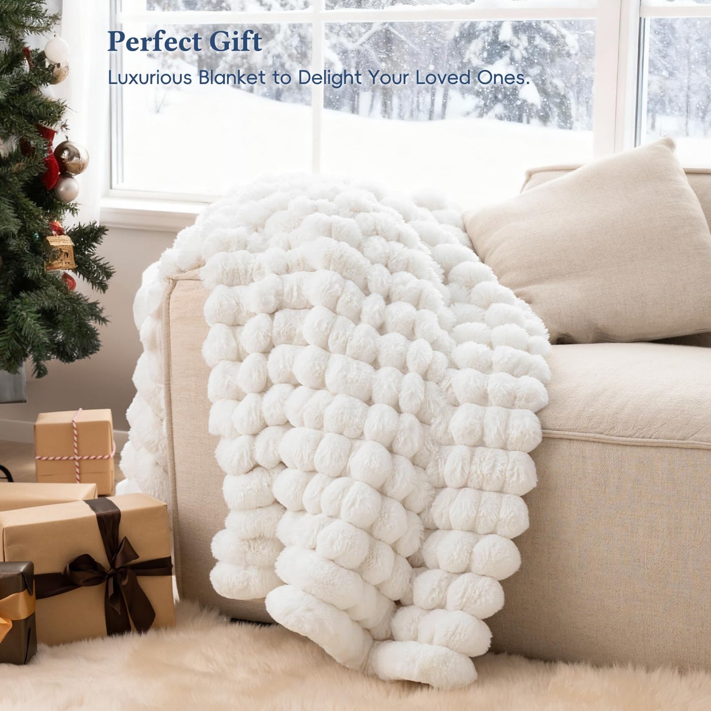 David's Home Double-Sided Faux Rabbit Fur Throw Blanket, Reversible Luxury Soft Thick Shaggy Warm Fuzzy Bubble for Couch, Bed, Cozy Plush Fluffy Decor for Fall Winter,Snow White,50 "* 60"