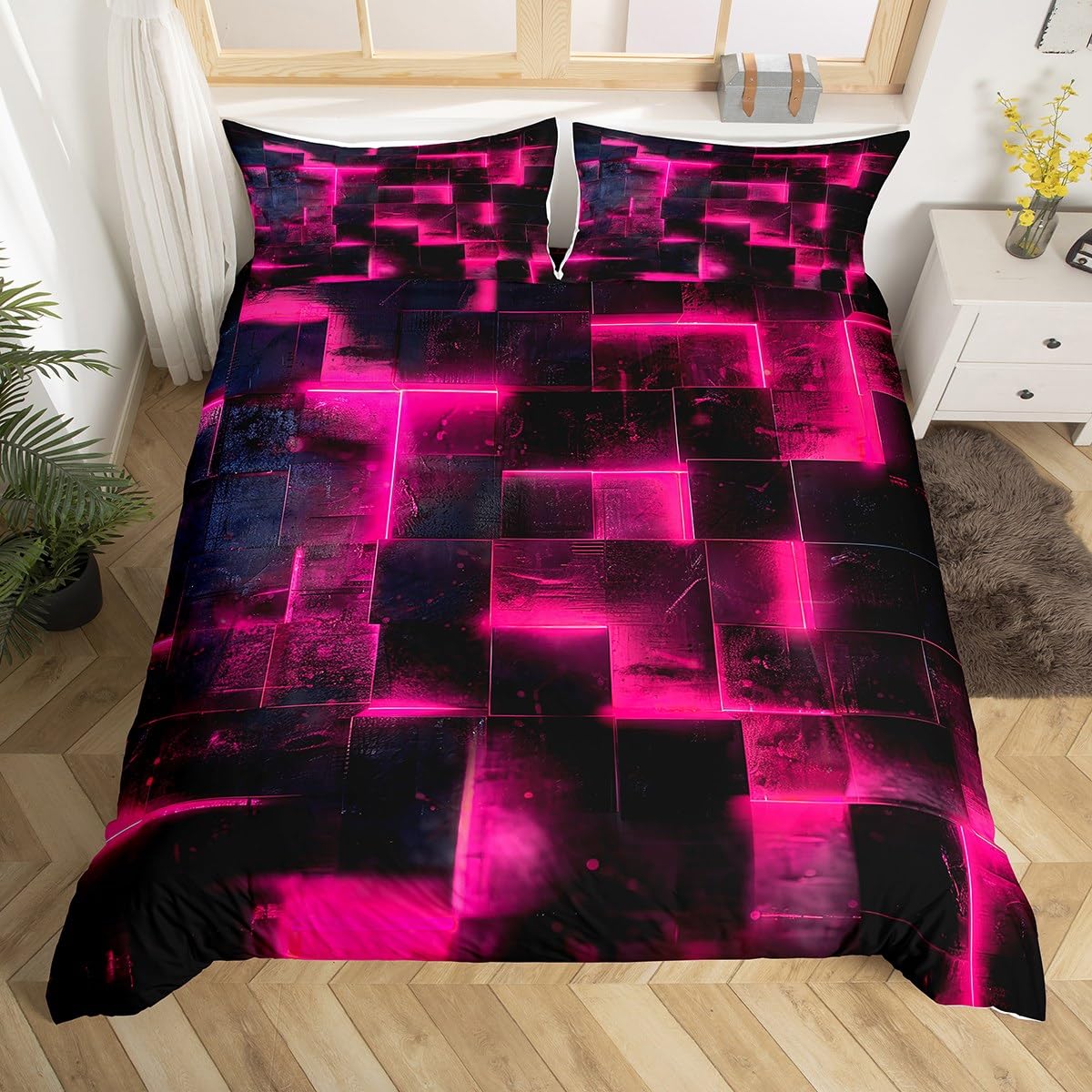 Hot Pink Black Bed Set 3D Glowing Buffalo Duvet Cover Queen Size Modern Abstract Art Queen Bedding Sets Geometric Plaid Comforter Cover, Gradient Futuristic Cubes Bed Cover (Black Reversible)