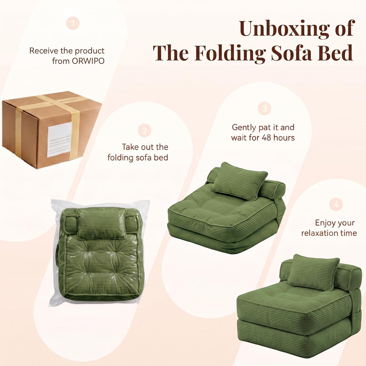 ORWIPO Folding Sofa Bed, Convertible Sleeper Chair with Pillow Foldable Mattress with Back Support, Portable Fold Out Chair Bed Comfy Floor Couch Lounge for Living Room Bedroom Apartment Single