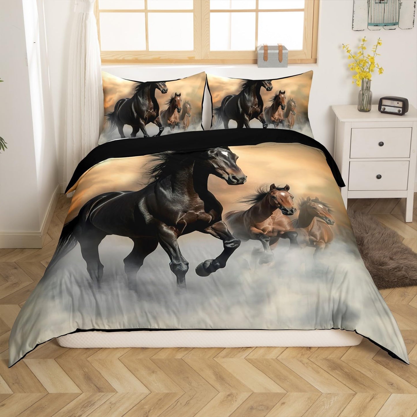 Erosebridal 3Pcs Horse Bedding Set King Size Bedding Duvet Cover Horse Printed Quilt Cover 3D Animal Printed Quilt Cover for Adult Teens Kids Comforter Cover Soft Lightweight Duvet Cover Set