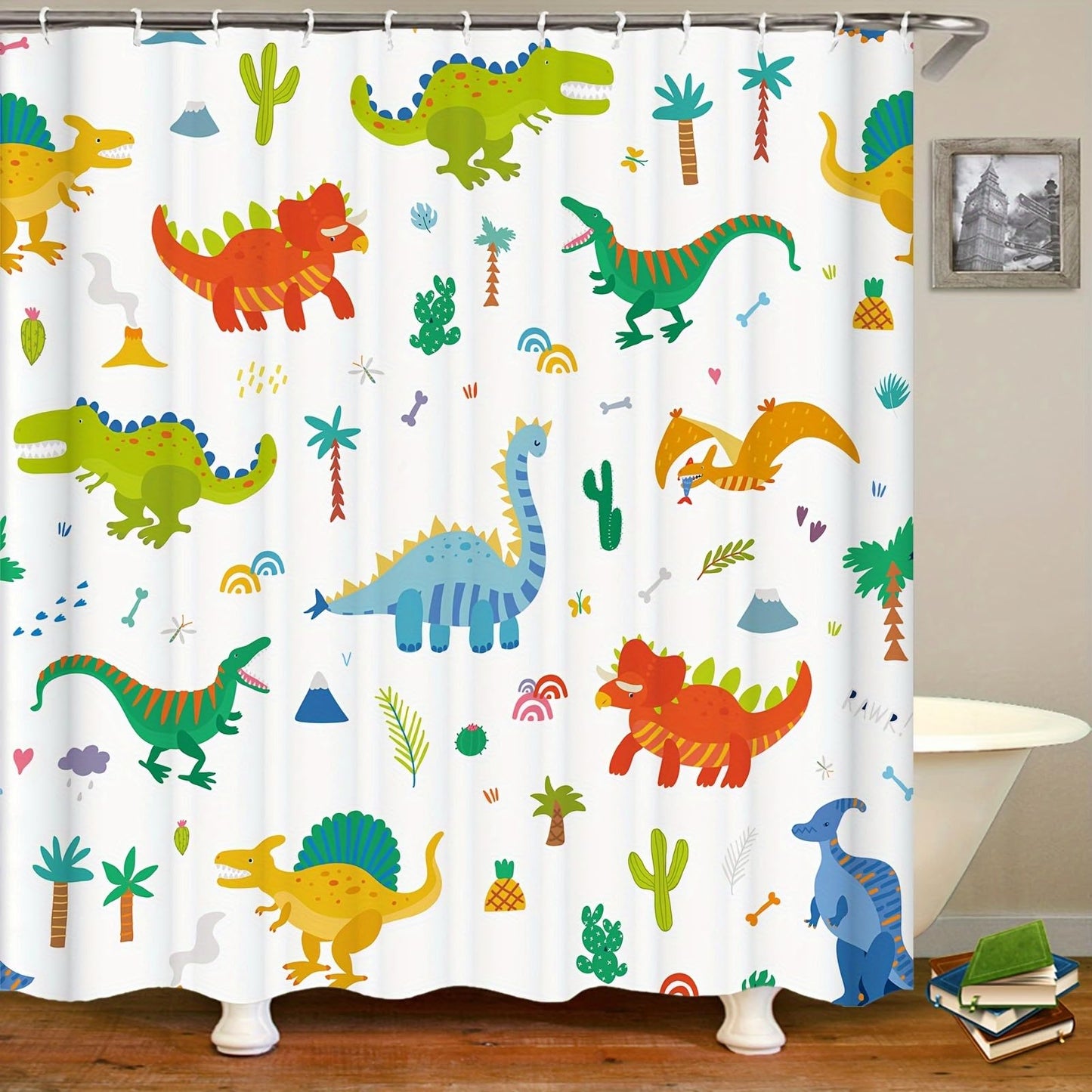 DDS-DUDES Dinosaur Bathroom Shower Curtain Set, Funny Dino for Kids Shower Curtain, Water Repellent Fabric Shower Curtains with Hooks 71x71 inches