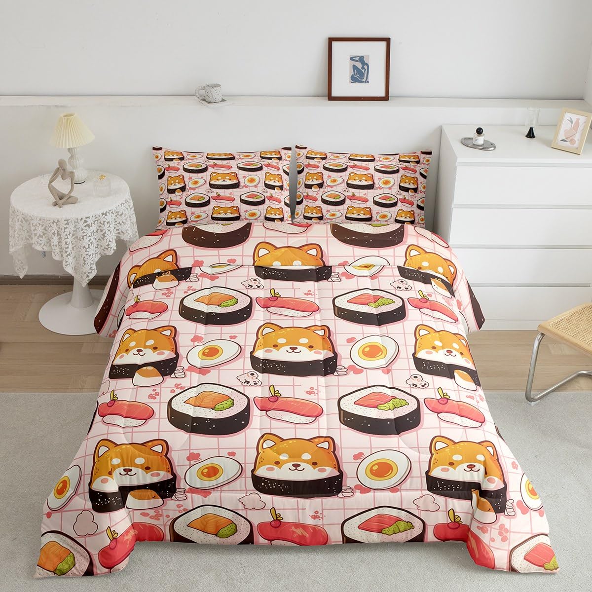 Erosebridal Kids Sushi Bedding Set Queen,Cute Shiba Inu Comforter Set Sushi Gifts for Kids Girls Boys,Kawaii Dog Puppy Quilt Bed Set Funny Food Bed Comforter Sets with 2 Pillowcases Room Decor