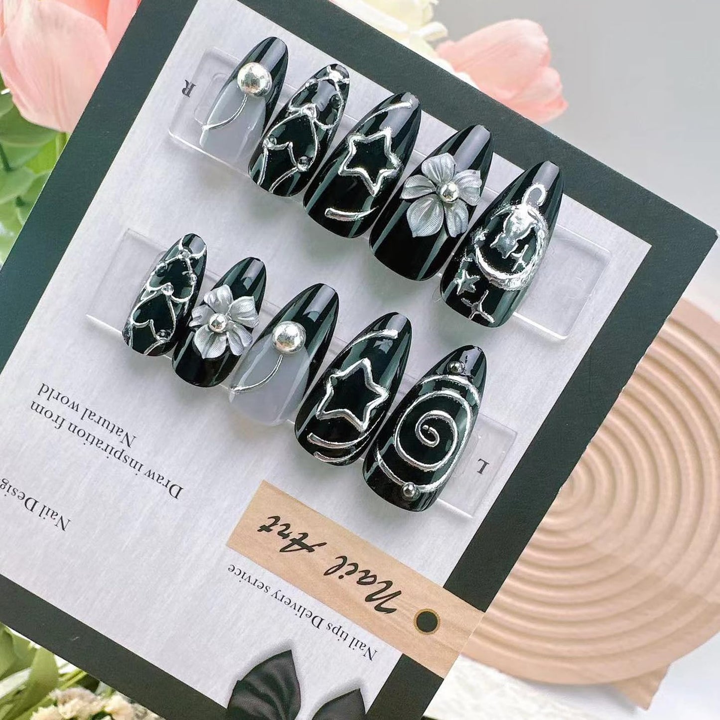 Black Chrome Press on Nails - Medium Almond Gothic Fake Nails with 3D Flower Cat Star Silver Heart Rhinestones Designs, Handmade Y2K Sweet Cool False Acrylic Nails for Women Daily Party 24Pcs Nail Kit