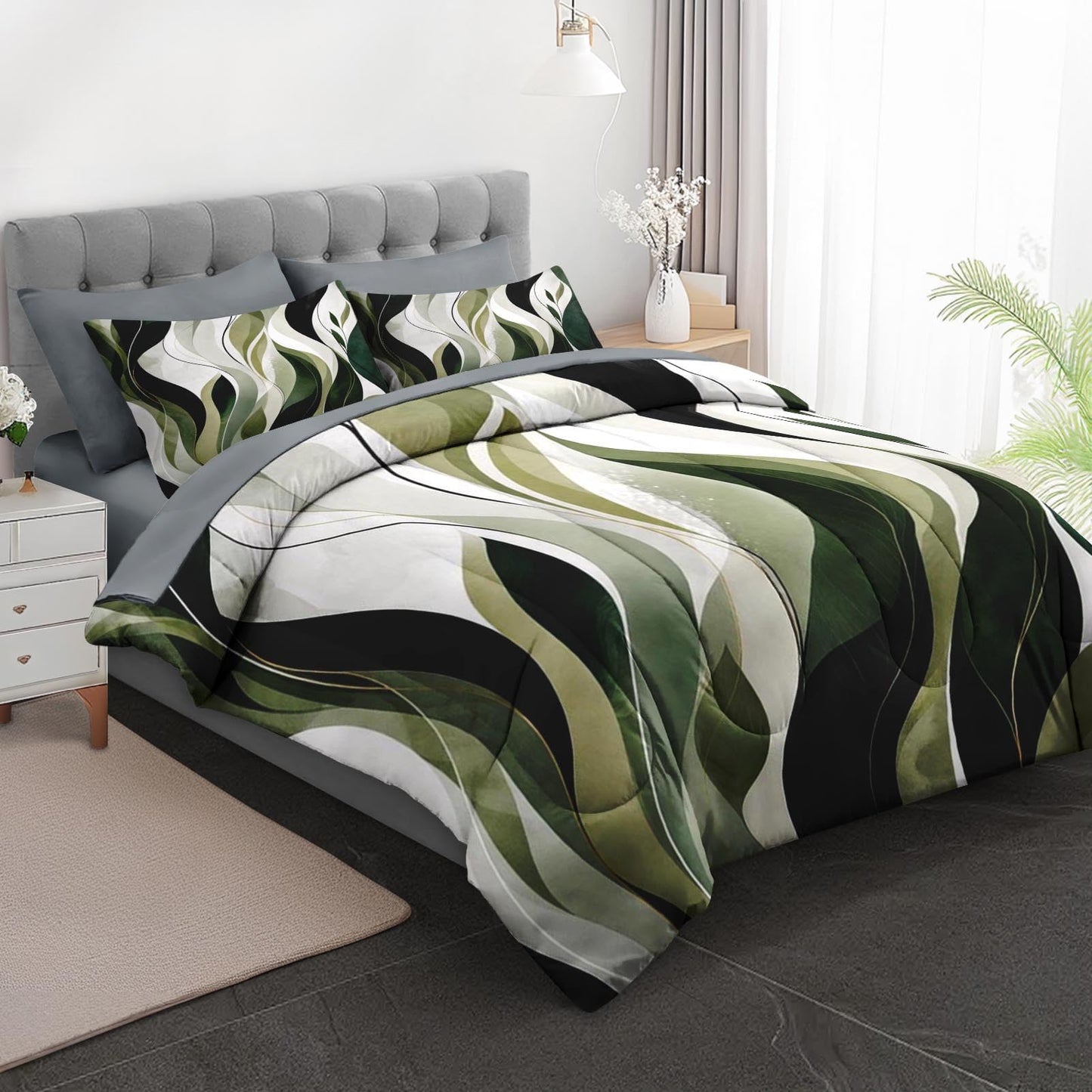 Boewywh Comforter Set Twin Size Abstract Botanical Sage 7 Pcs, Bedding for Kids and Adults, Modern Leaf Bed Sheet Sets with Fitted Sheet 2 Pillowcases & 2 Shams for Bedroom Bed Decor