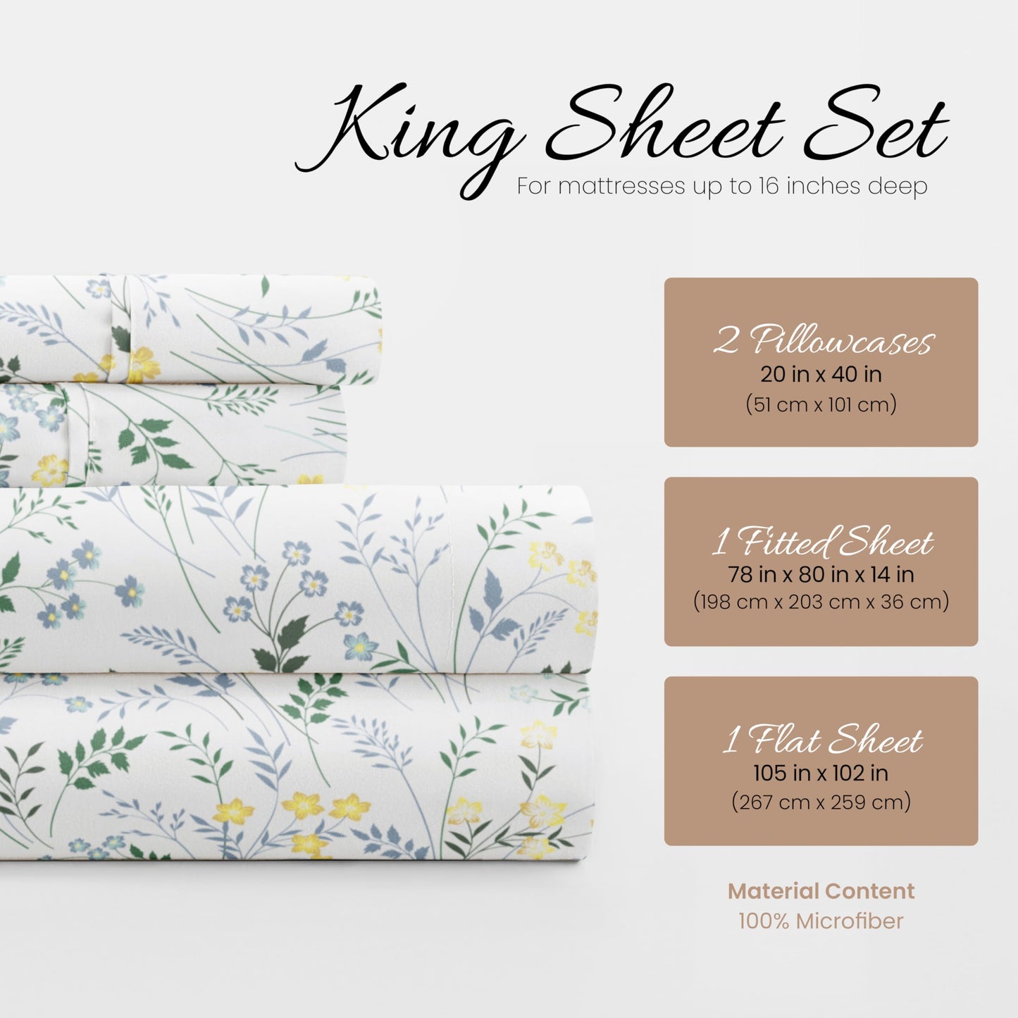 Linen Market Patterned Microfiber King Sheet Set 4 Piece – Oeko-TEX Certified Ultra Soft & Wrinkle-Free - 16" Deep Pocket Sheets - Easy Care King Size - Wildflower Light Blue