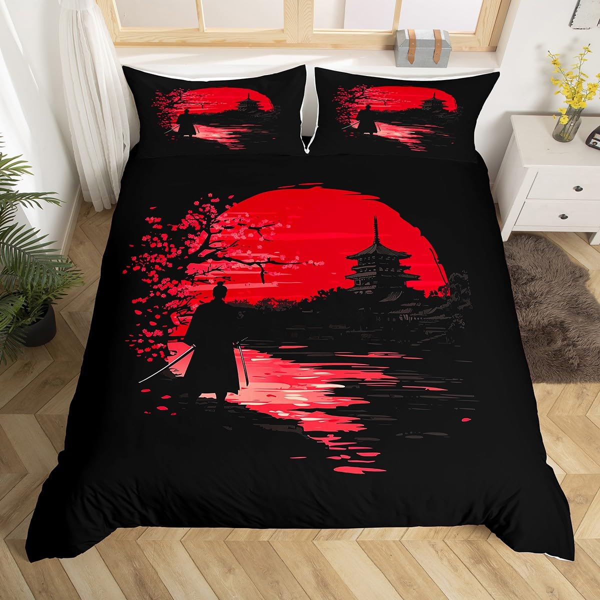 Erosebridal Samurai Bedding Set, Sunset Duvet Cover, Japanese Samurai Quilt Cover, Scenery Silhouette Comforter Cover, Room Decoration for Men (1 Duvet Cover with 2 Pillow Cases),Full Size
