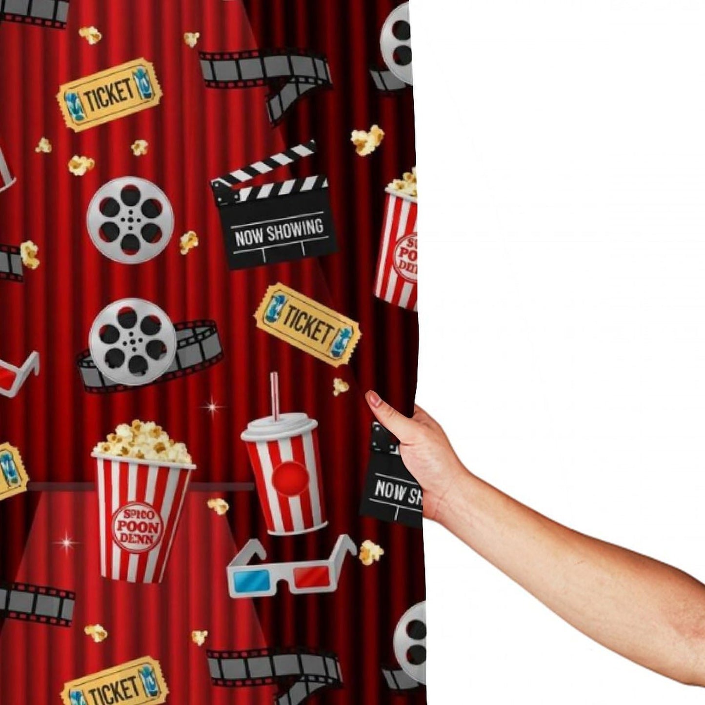 Meaudiwes Waterproof Lightweight Shower Curtains for Bathroom Shower Curtain Movie Theater Theme Cinema Clapboard Film Popcorn Print, 72"x 70"