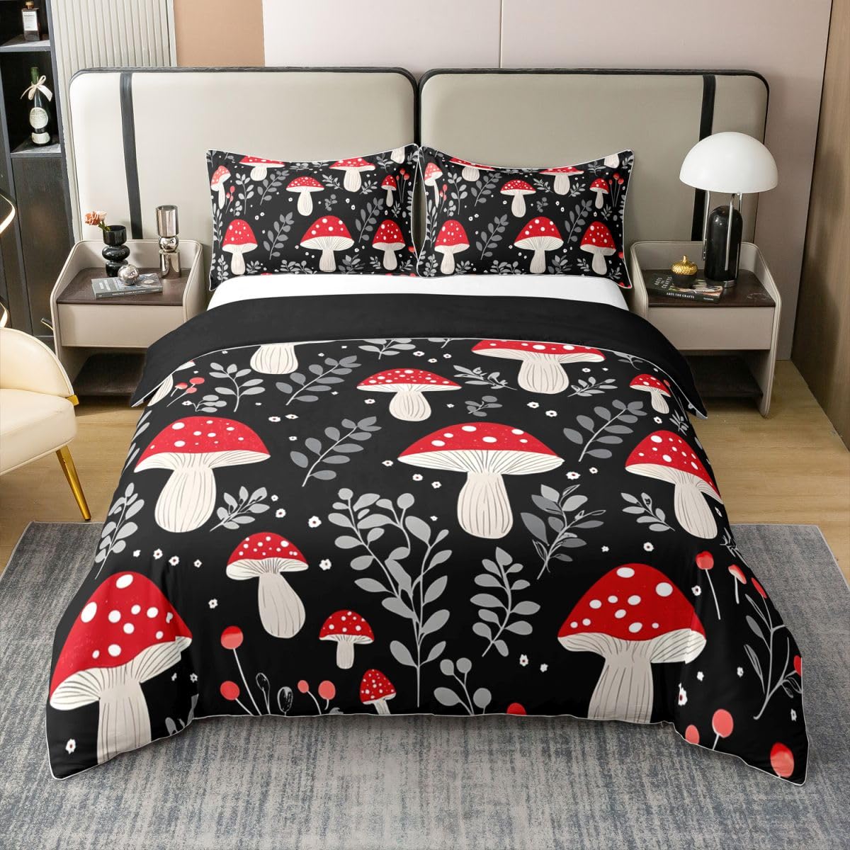 100% Cotton Cute Mushroom Duvet Cover Queen, Cartoon Botanical Plants Bedding Set for Kids Girls Boys, Kawaii Black Red Comforter Cover, Mushrooms Natural Wild Fungus Bedroom Decor Quilt Cover