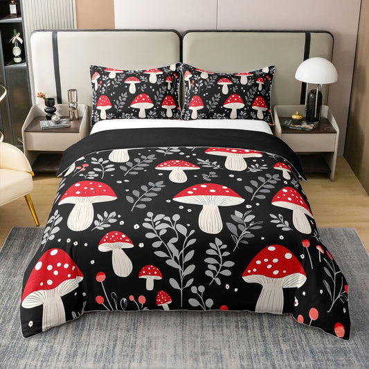 100% Cotton Cute Mushroom Duvet Cover Queen, Cartoon Botanical Plants Bedding Set for Kids Girls Boys, Kawaii Black Red Comforter Cover, Mushrooms Natural Wild Fungus Bedroom Decor Quilt Cover