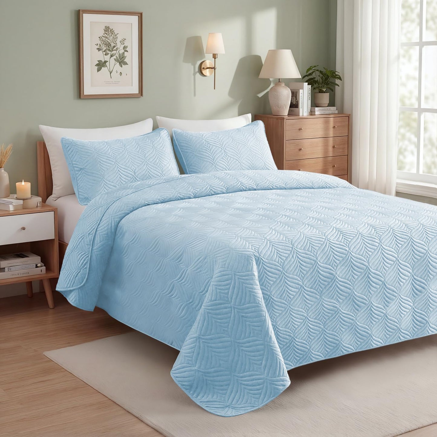 Whale Flotilla Extra Soft Full Queen Quilt Bedding Set, Lightweight Light Blue Bedspreads Quilts Queen Size with Modern Pattern, Reversible 3-Piece Coverlet with 2 Pillow Shames for All Seasons