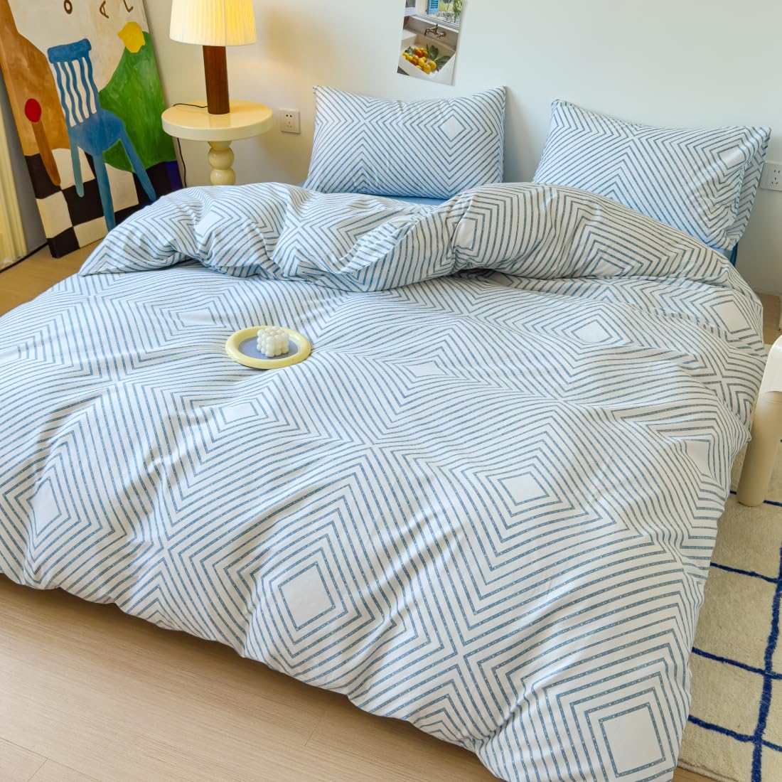 LIWHENHAO Geometric Duvet Cover Set Queen 100% Cotton Bedding Blue Chain Striped Checked on White 1 Abstract Line Comforter Cover Full 2 Pillowcases for Kids Girls Boys Woman