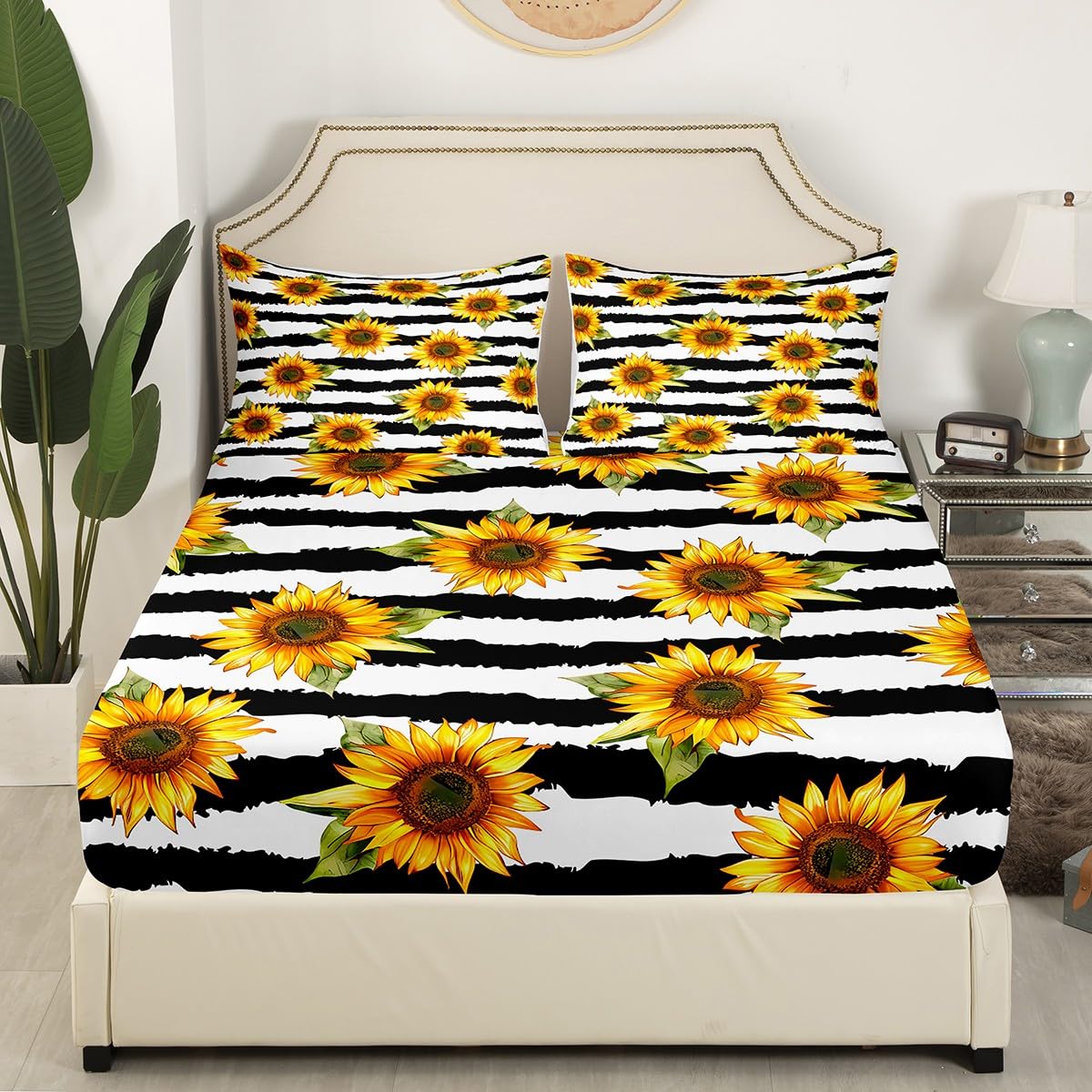 Feelyou Sunflower Fitted Sheet Twin Stripes Pattern Decor Bedding Set Panoramic Printed Adult Teen Kids Bed Sheet Set Garden Theme Bed Cover for Boys Girls Women Plant Decor Soft (No Flat Sheet)