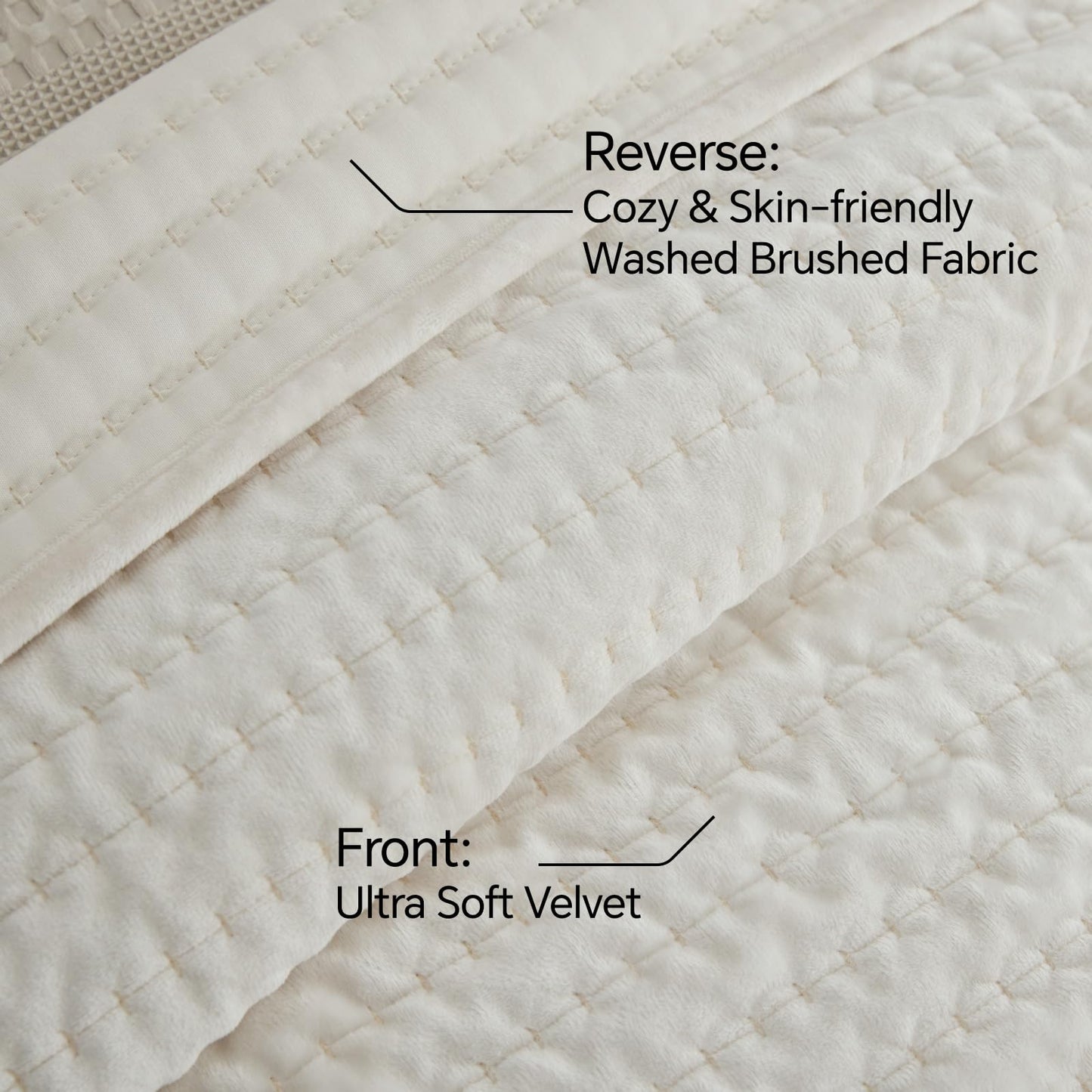 BEDELITE Velvet Quilt Set King Size - Luxury Soft Velvet Comforter Bedding Set for All Season, Lightweight Quilted Channel Stitch Oversized Bedspread Coverlet with 2 Matching Shams, Ivory White