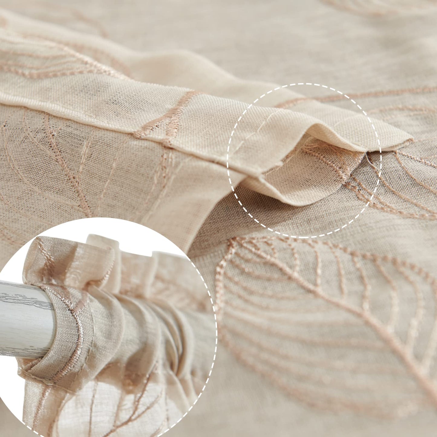 Topick Beige Sheer Leaf Curtain Kitchen Valance for Windows Leaf Embroidered Voile Small Curtain Valance Semi Sheer Farmhouse Curtain 16 Inch Rod Pocket 1 Panel Beige