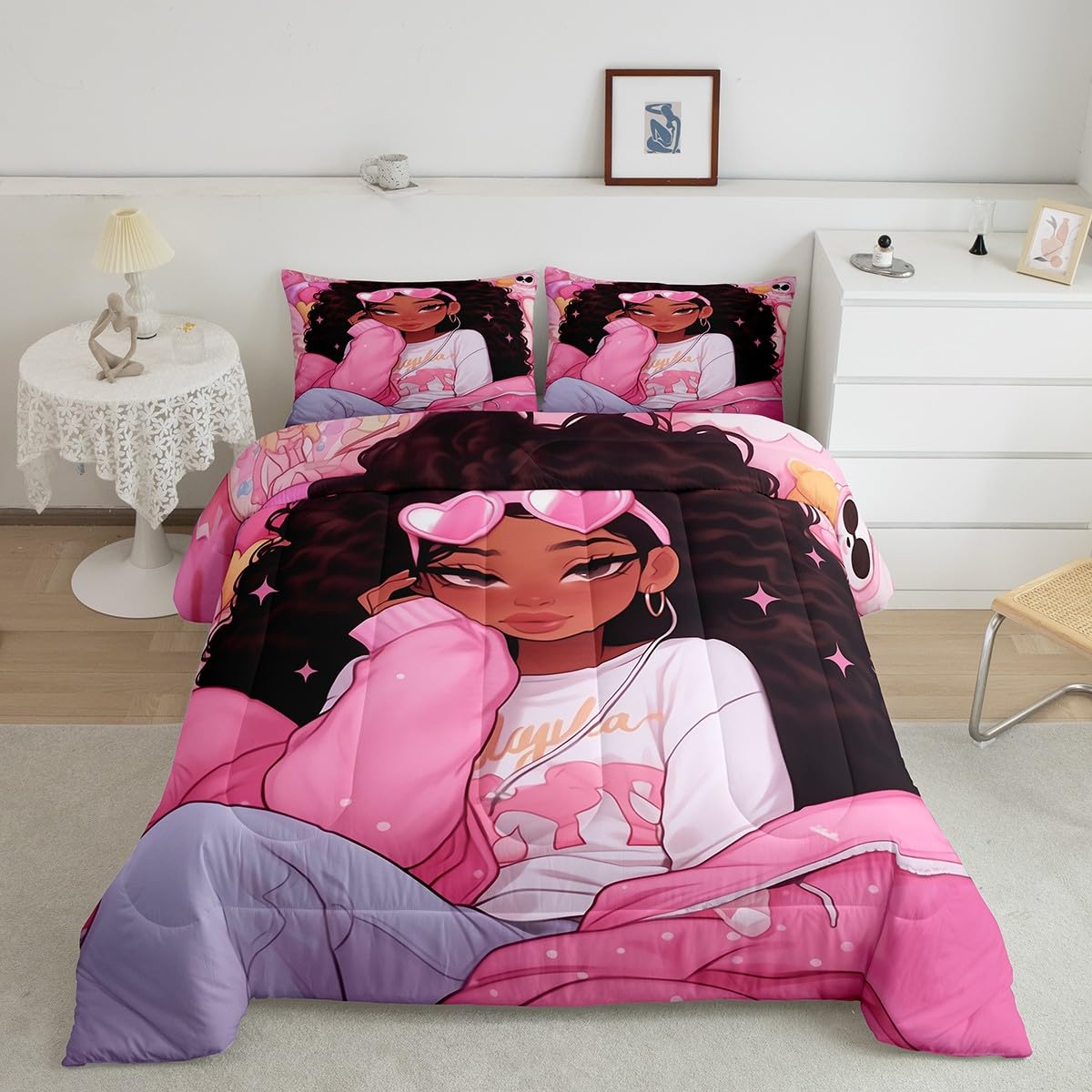 Manfei Little Girl Kids Comforter Set Full Size,Glitter Stars Wave Points Romantic Bedding Set,Girls Women Room Decor,Afro American Black Princess Girls Down Comforter,Pink Duvet Insert,2 Pillowcases