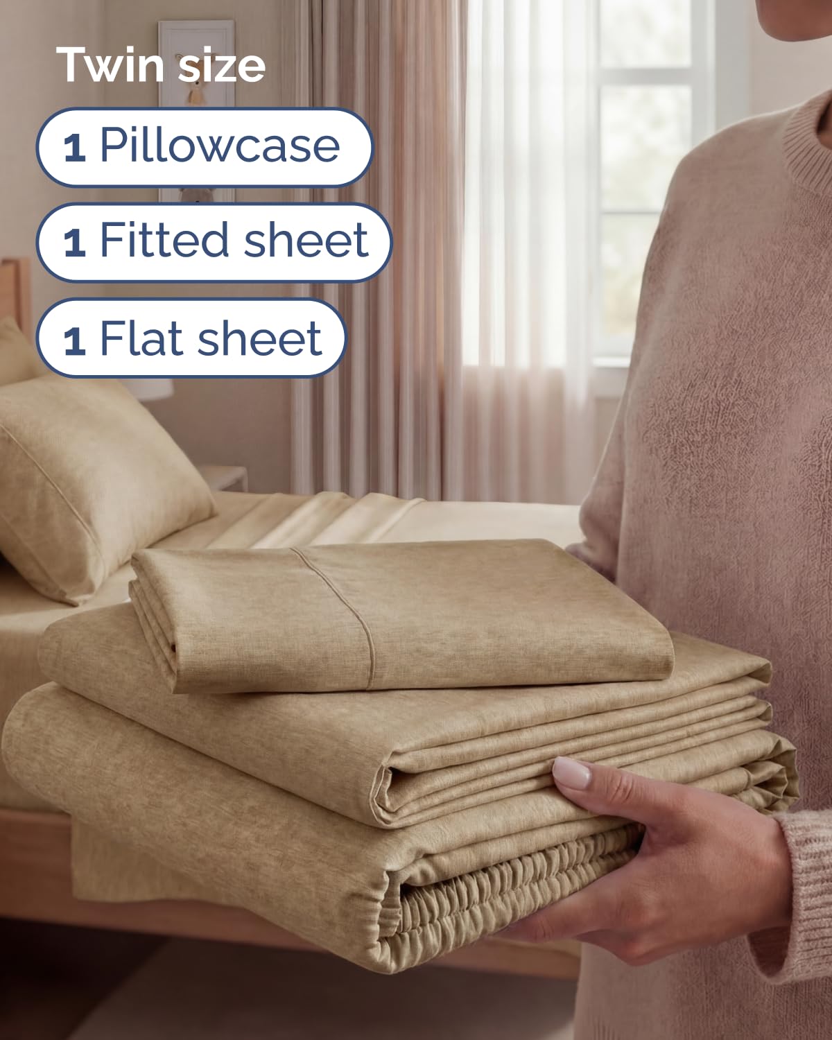 Twin Size 3 Piece Sheet Set - Comfy Breathable & Cooling Sheets - Hotel Luxury Bed Sheets for Women & Men - Deep Pockets, Easy-Fit, Soft & Wrinkle Free Sheets - Heathered Tan Oeko-Tex Bed Sheet Set