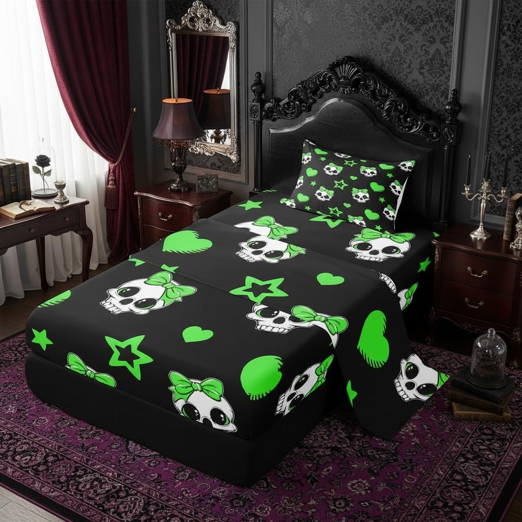 Castle Fairy Cute Skeleton Bed Sheets Twin Size,Exotic Skull Star Love Bowknot Print Easy Wash Bedding Set,Halloween Theme Kids Room Decor,Black Green Sheet(Fitted+Flat+1 Pillowcase)