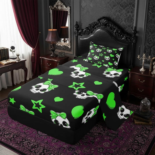 Castle Fairy Cute Skeleton Bed Sheets Twin Size,Exotic Skull Star Love Bowknot Print Easy Wash Bedding Set,Halloween Theme Kids Room Decor,Black Green Sheet(Fitted+Flat+1 Pillowcase)