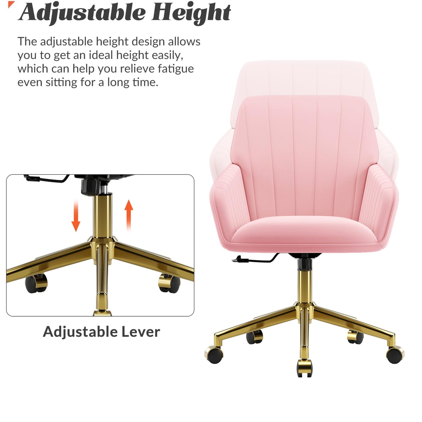 YITAI Velvet Office Desk Armchairs with Gold Base and Wheels,Modern Height Adjustable 360 Degree Swivel Upholstered Vanity Chairs for Living/Room Bedroom/Study,Pink