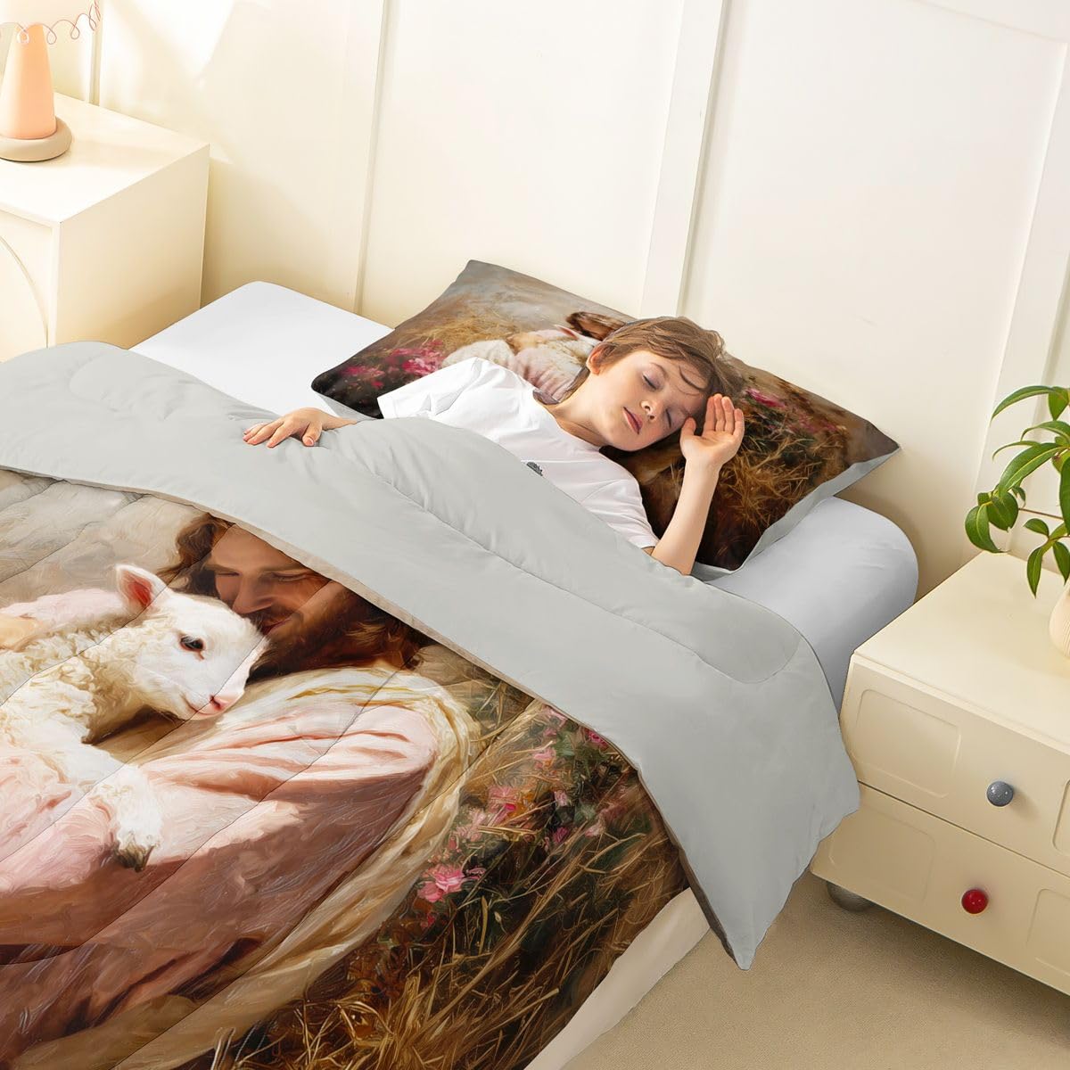 Manfei Man Holding Lamb Twin Size Comforter Set with 1 Pillowcase - Pink Brown Belief Spiritual Bedding Set for Kids Bedroom,The Lost Lamb Flowers 2 Pieces Reversible Duvet Insert