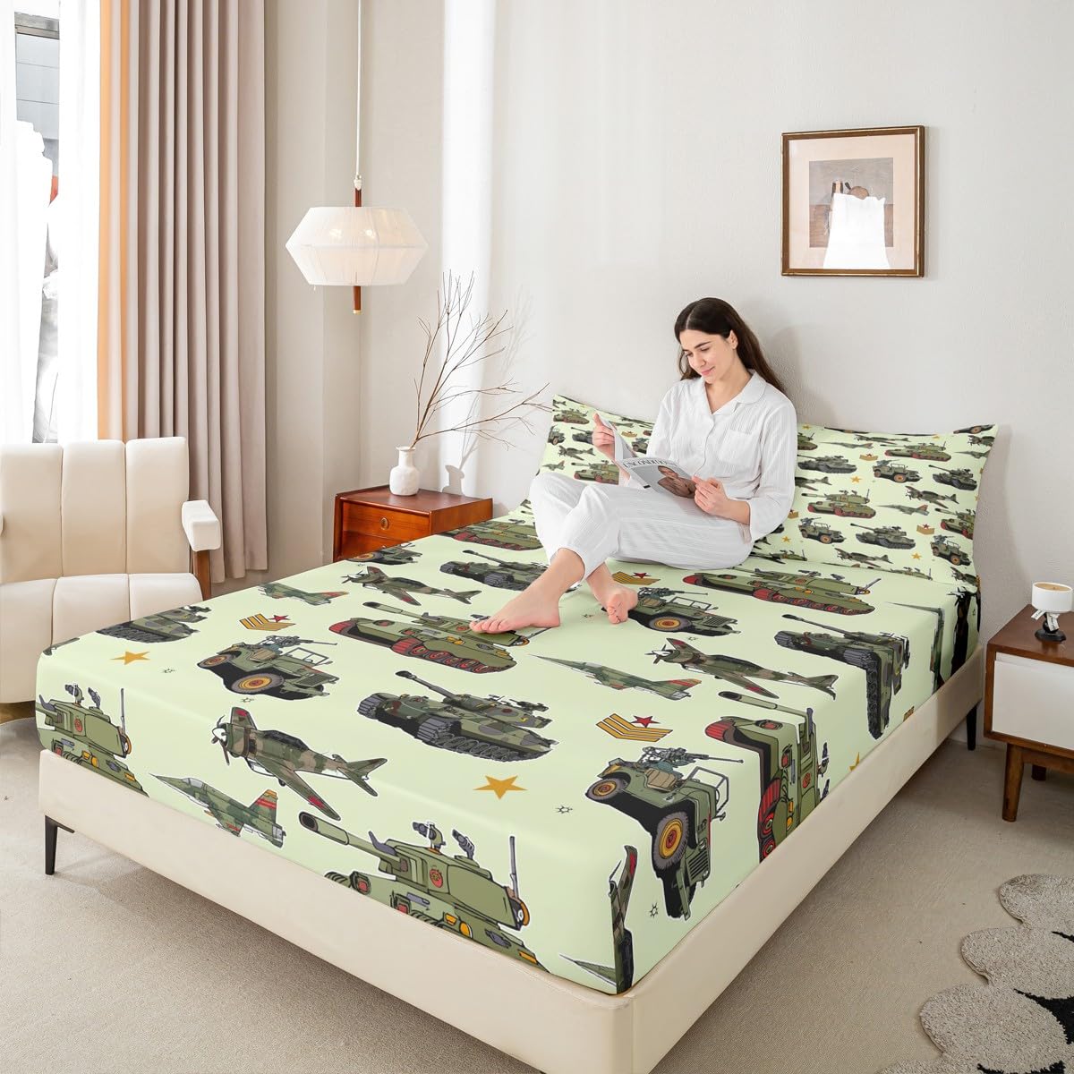 Aircraft Tank Fitted Sheet Full Size, Green Camo Helicopter Airplane Bedding Set 3pcs for Kids Boys Room Decor, Military Army Equipment Bed Cover with 2 Pillowcases, Soft Deep Pocket Sheets, No Flat