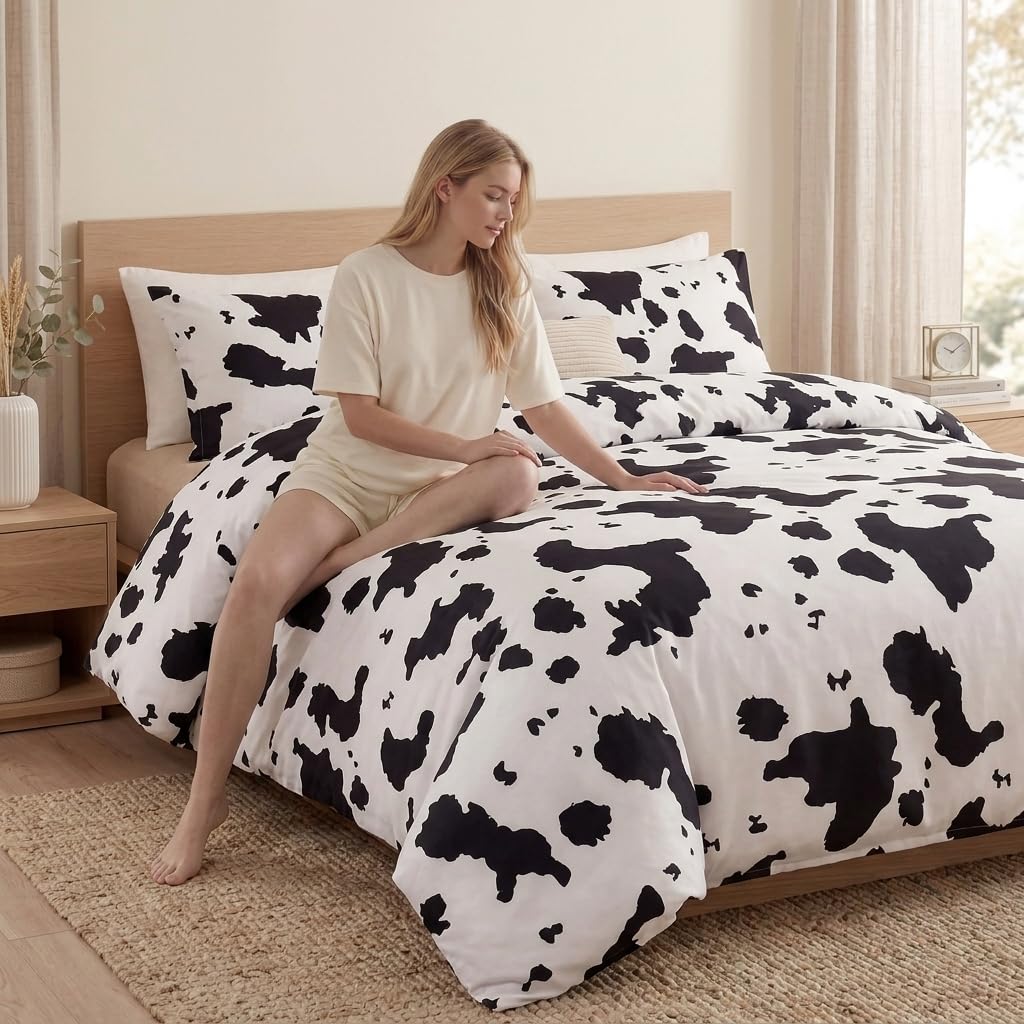 Cozaline 100% Cotton Duvet Cover King Size, Black and White Cow Print Bedding Set with Zipper Closure, Farmhouse Soft Breathable Comforter Cover with 2 Pillowcases for All Seasons