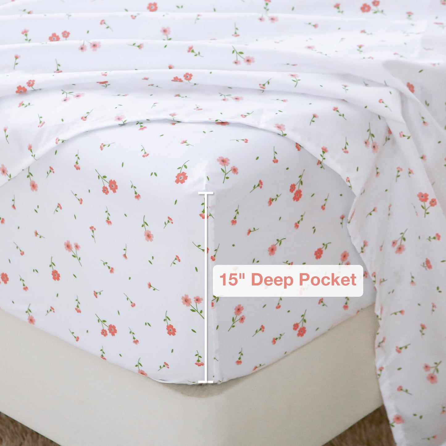 Softan Pink Flower Sheets for King Size Bed - 4 Piece Microfiber Floral Sheet Set with 15" Deep Pocket, Cute Pink Spring Flower Sheets and Pillowcase Set
