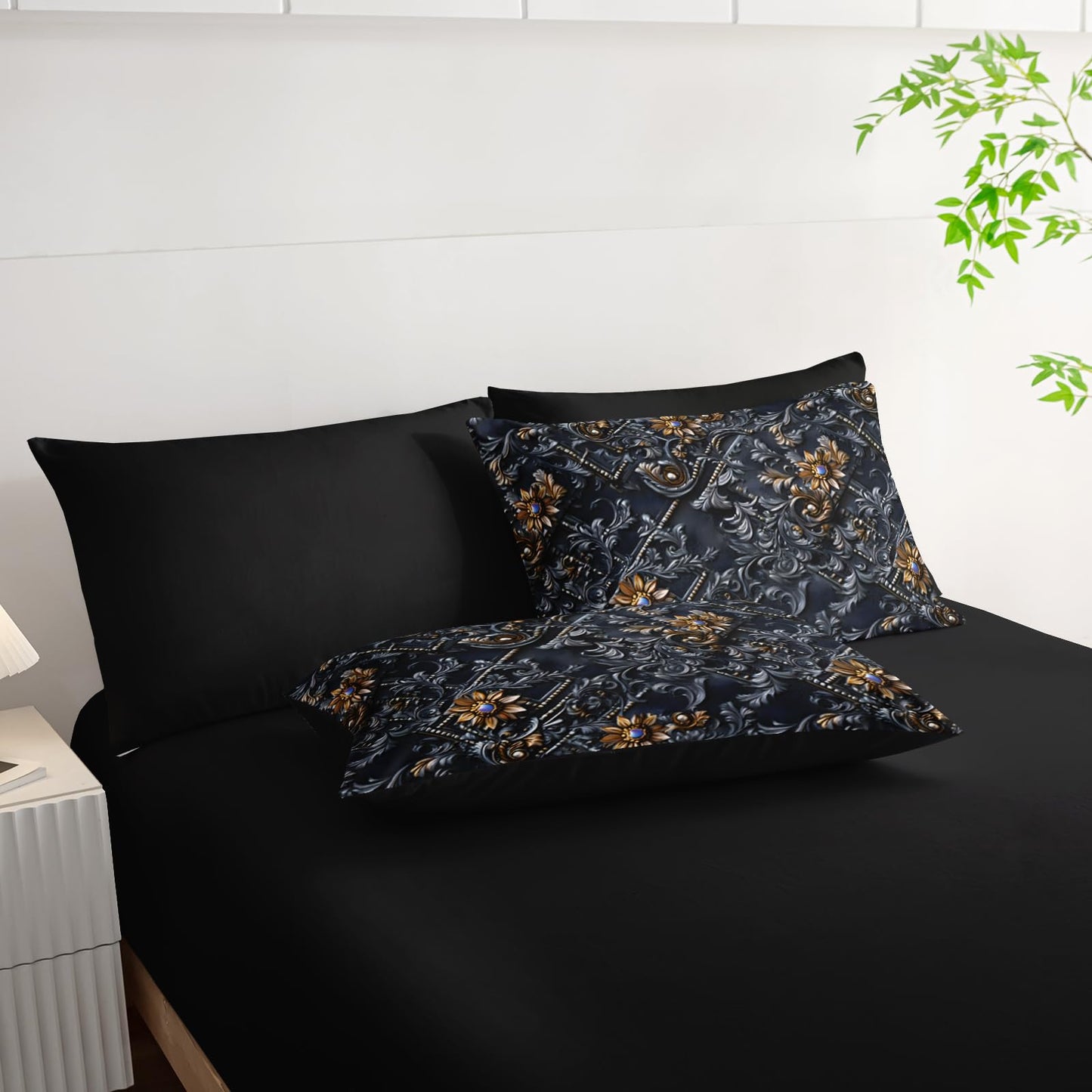 lneffble 7 Piece Black and Gold Baroque Comforter Set Queen，Baroque Queen Bedding，(1 Comforter, 1 Flat Sheet, 1 Fitted Sheet, 2 Pillowcase and 2 Pillow Sham)，Baroque Gothic Bedroom Decor