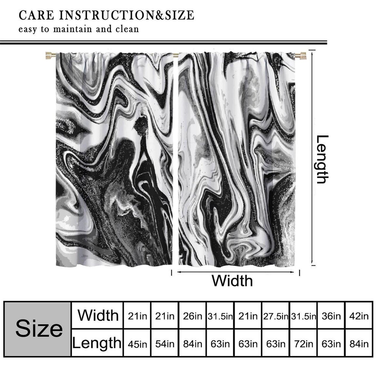 Kurtect Marble Blackout Curtain,Black and White Abstract Aesthetic Print Watercolor Window Curtains for Bedroom Cafe Dining Room Office Living Room Kitchen Drapes,42x45 in