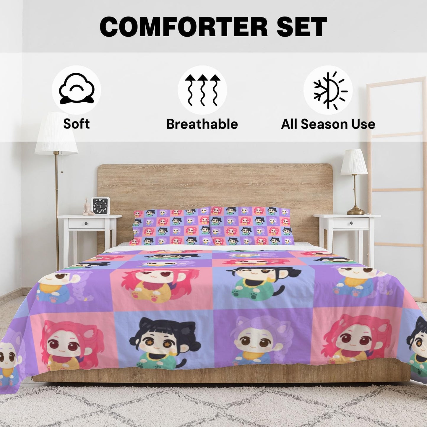 Allenjoy Cute Seamless Purple Korean Hunter Comforter Set with 1 Pillowcase for Girls Teens Women Fans Daughter Bedroom Nursery Bedding Room Decor, Machine Washable Durable Twin Size