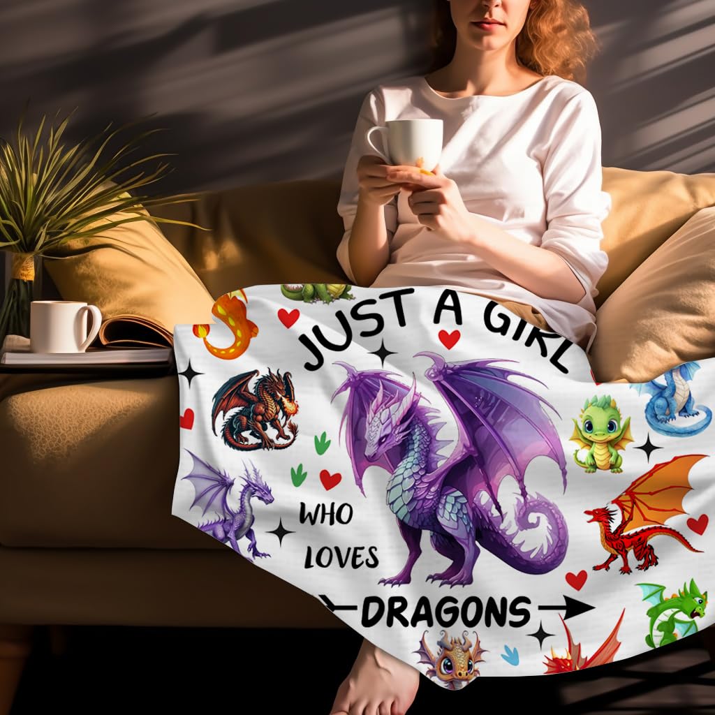 Dragon Blanket Merch Just A Girl Who Loves Dragons Blanket Soft Cozy Flannel Throw Blankets Room Decor Bedding Gifts for Girls Boys Kids Women Adults 50"x40"