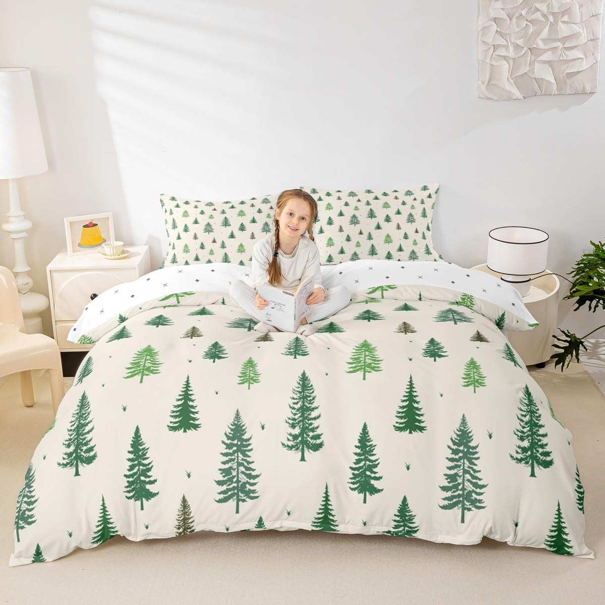 Castle Fairy Christmas Tree Duvet Cover Sets Twin Size,Green Pine Bedding Set 2pcs for Kids Teens Girls Boys Room Decor,Nature Plants Comforter Cover Soft Microfiber Quilt Cover with 1 Pillowcase