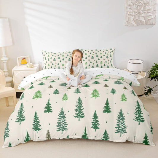 Castle Fairy Christmas Tree Duvet Cover Sets Twin Size,Green Pine Bedding Set 2pcs for Kids Teens Girls Boys Room Decor,Nature Plants Comforter Cover Soft Microfiber Quilt Cover with 1 Pillowcase