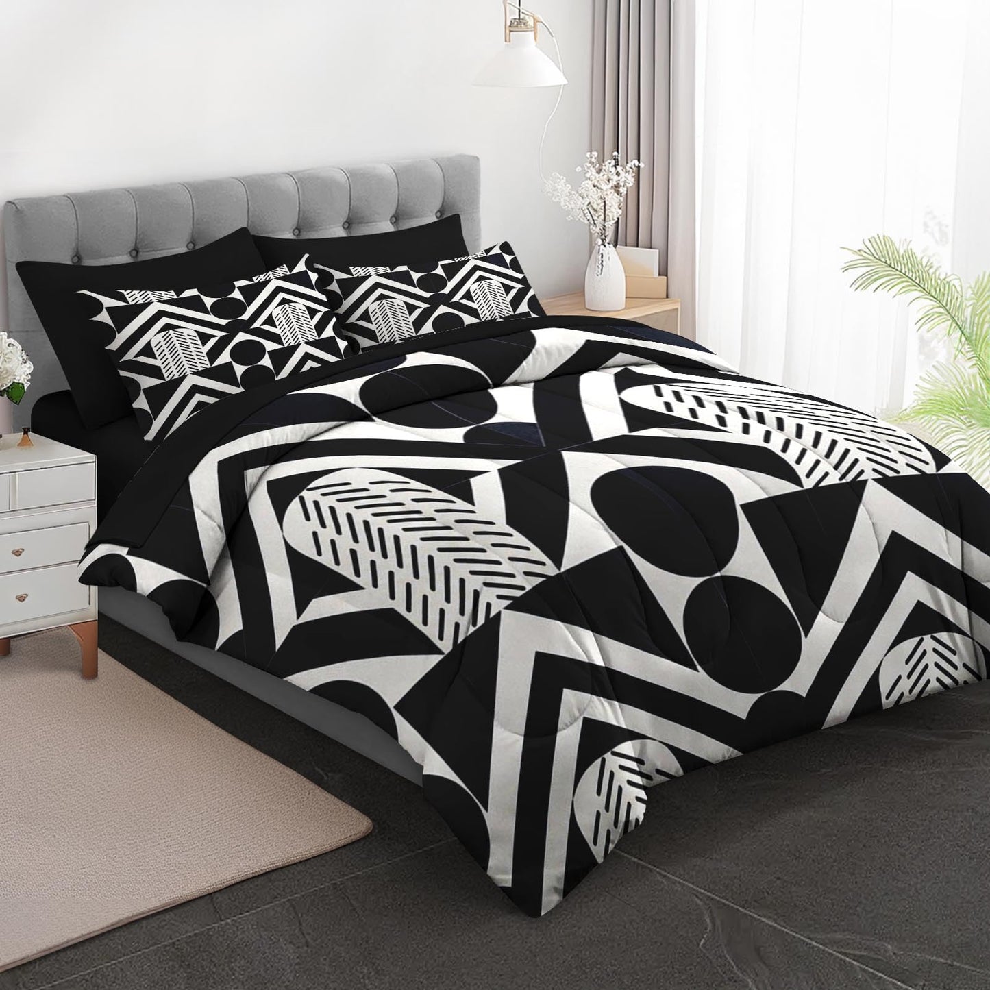 Boewywh Comforter Set Twin Size Geometric Modern Abstract 7 Pcs, Bedding for Kids and Adults, Black White Bed Sheet Sets with Fitted Sheet 2 Pillowcases & 2 Shams for Bedroom Bed Decor