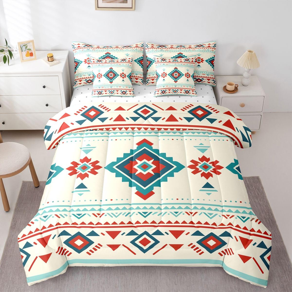 Erosebridal Aztec 7 Piece Bedding Set Queen Geometric Comforter Set with Sheets Diamond Boho Tribal Striped Art Bed in a Bag Cartoon Southwestern Ethnic Style for Teens Men Women