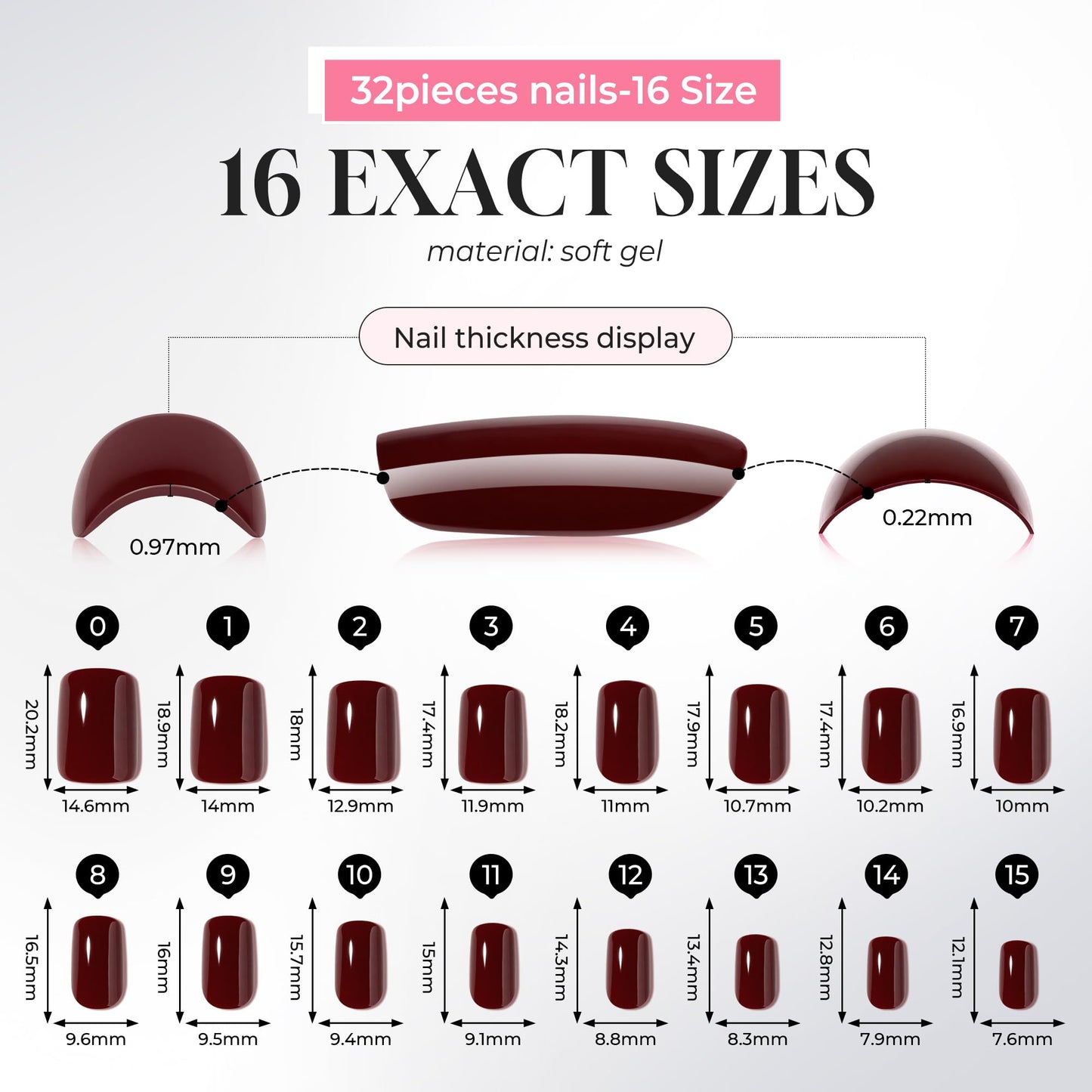 UNA GELLA Press On Nails Square - 32Pcs 16 Sizes Deep Burgundy Cherry Fake Nails with Glue and Adhesive Tabs, Reusable Glue On Nails Press Ons Kit for Women Manicure