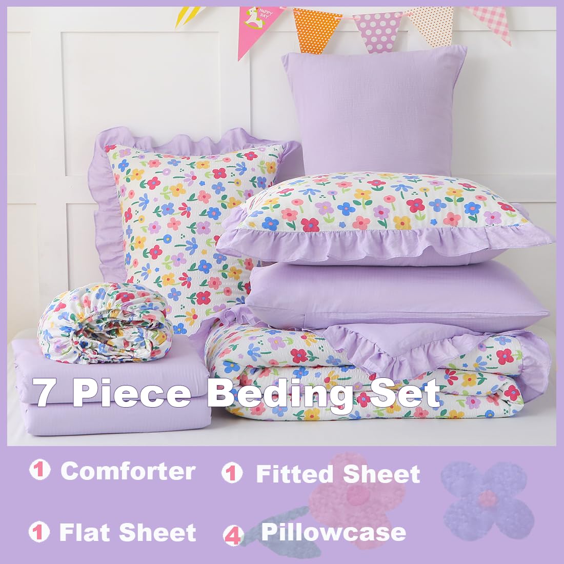 Gusuhome 7 Piece Girls Floral Bedding Set Twin/Full Size Reversible Comforter Bed in a Bag for Kids Soft Purple Floral Bedding with Sheets Bed Skirt Ruffled Floral Pillowcases for Teens Bedroom