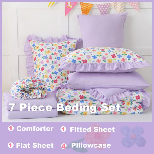 Gusuhome 7 Piece Girls Floral Bedding Set Twin/Full Size Reversible Comforter Bed in a Bag for Kids Soft Purple Floral Bedding with Sheets Bed Skirt Ruffled Floral Pillowcases for Teens Bedroom