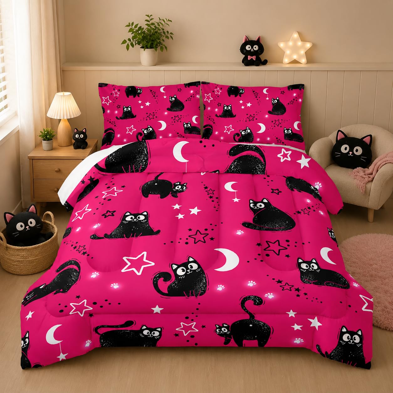 Nttopship Pink Cartoon Cat Comforter Twin Size,Black Cats Moon Night Starry Sky Quilt Set for Girls Boys Teens Animals Print Room Decor Soft Microfiber Comforter and 2 Pillowcases