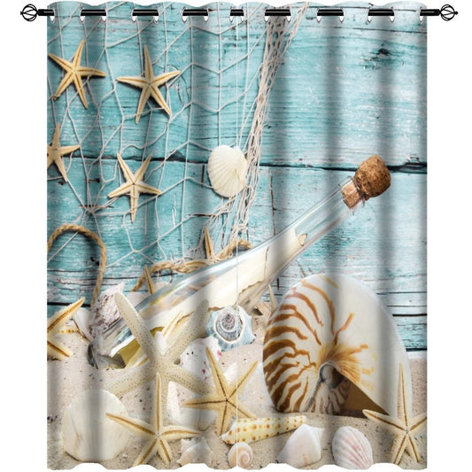 Kazynee Vintage Nautical Beach Theme Room Darkening Blackout Window Curtains with Grommets,Abstract Ocean Beach Fishing Net Starfish Theme Energy Efficient Window Treatment 2 Panels 45L x 21W