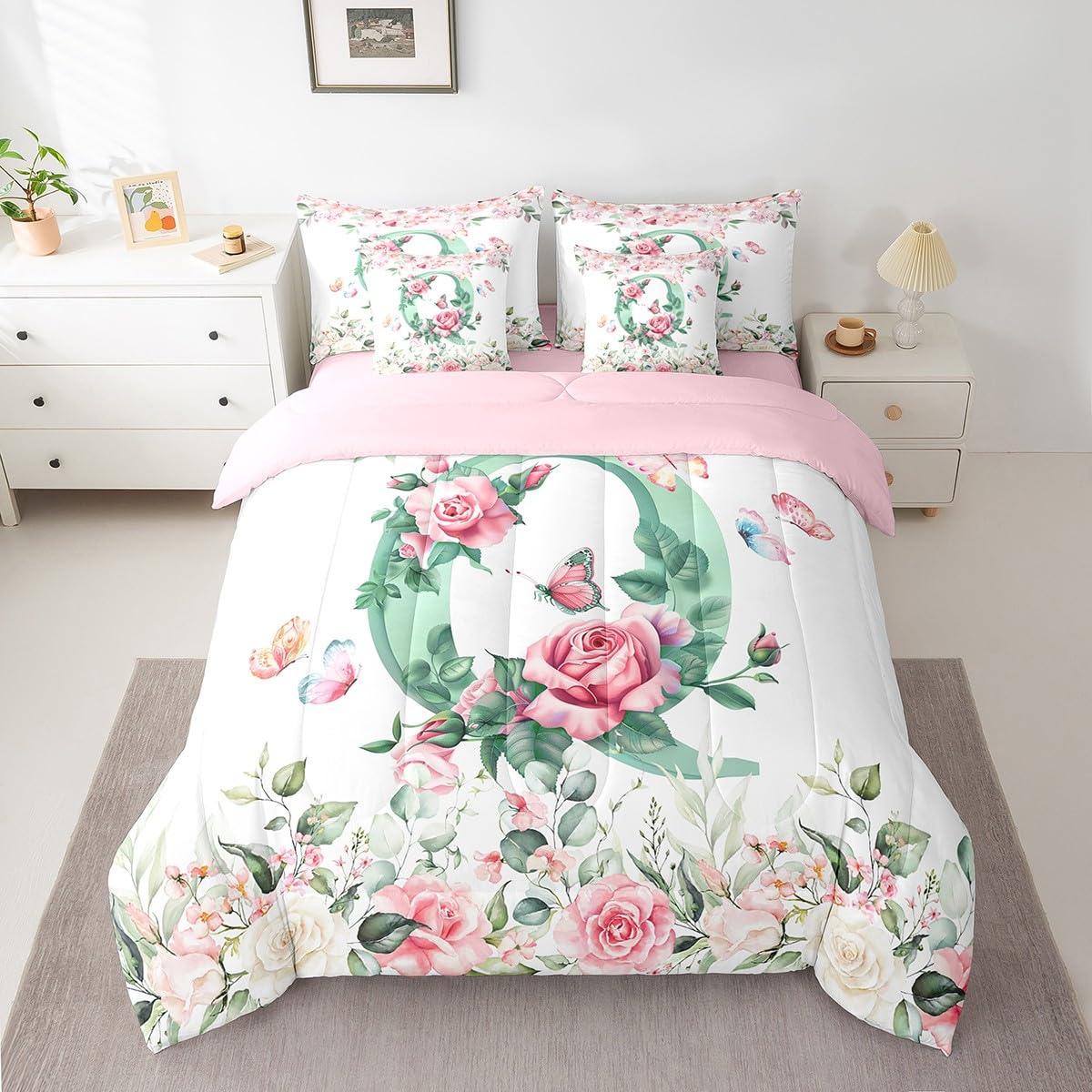 Erosebridal Initial Alphabet Bed in A Bag for Kids Boys Girls,Green Watercolor Letter Bedding Set Personalized Letter Twin Comforter Set 7 Piece Pink Flowers Garden Plants Sheet Set with Comforter