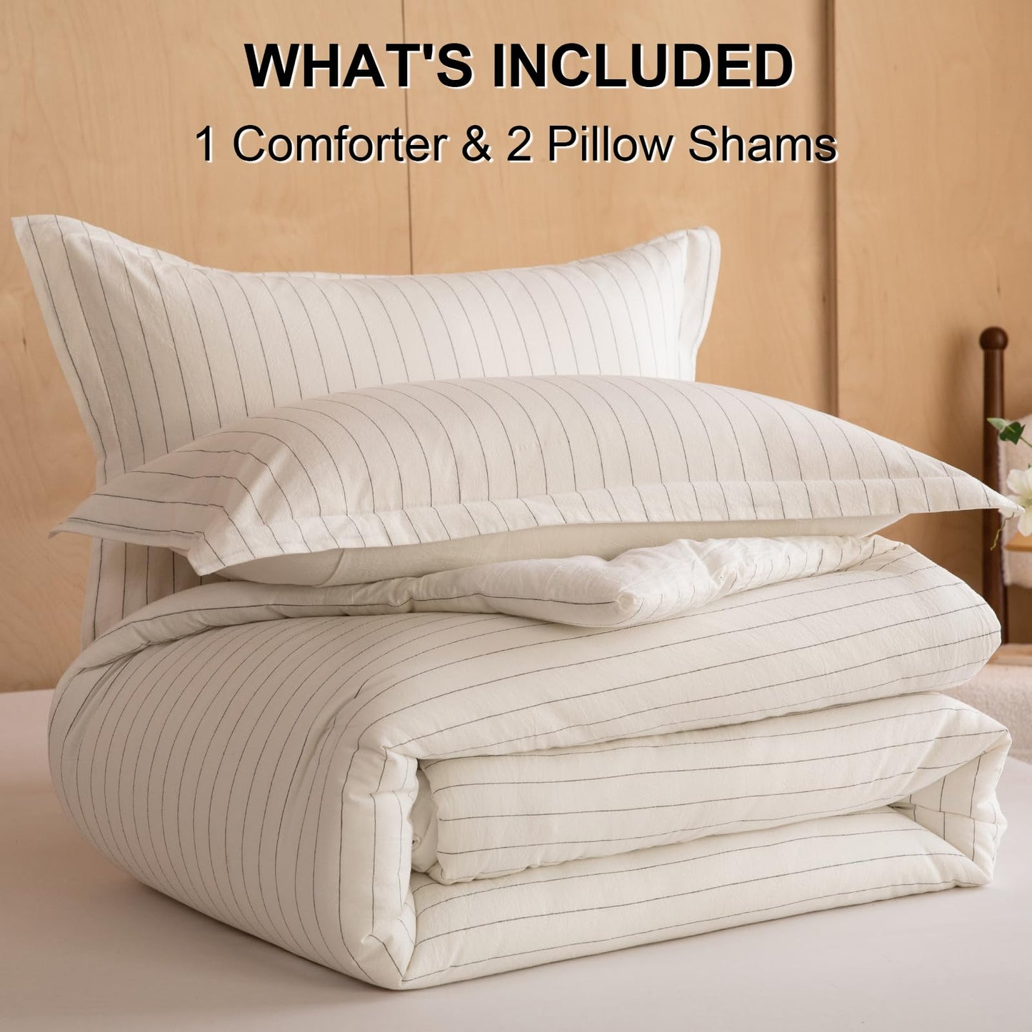 LLanCL Cotton Stripe Comforter Set Queen Size,100% Cotton Cover with Polyester Fill,Ultra Soft,Breathable,Lightweight Bedding for All Seasons,1 Comforter 90"x90" & 2 Pillow Shams 20"x26"(White)