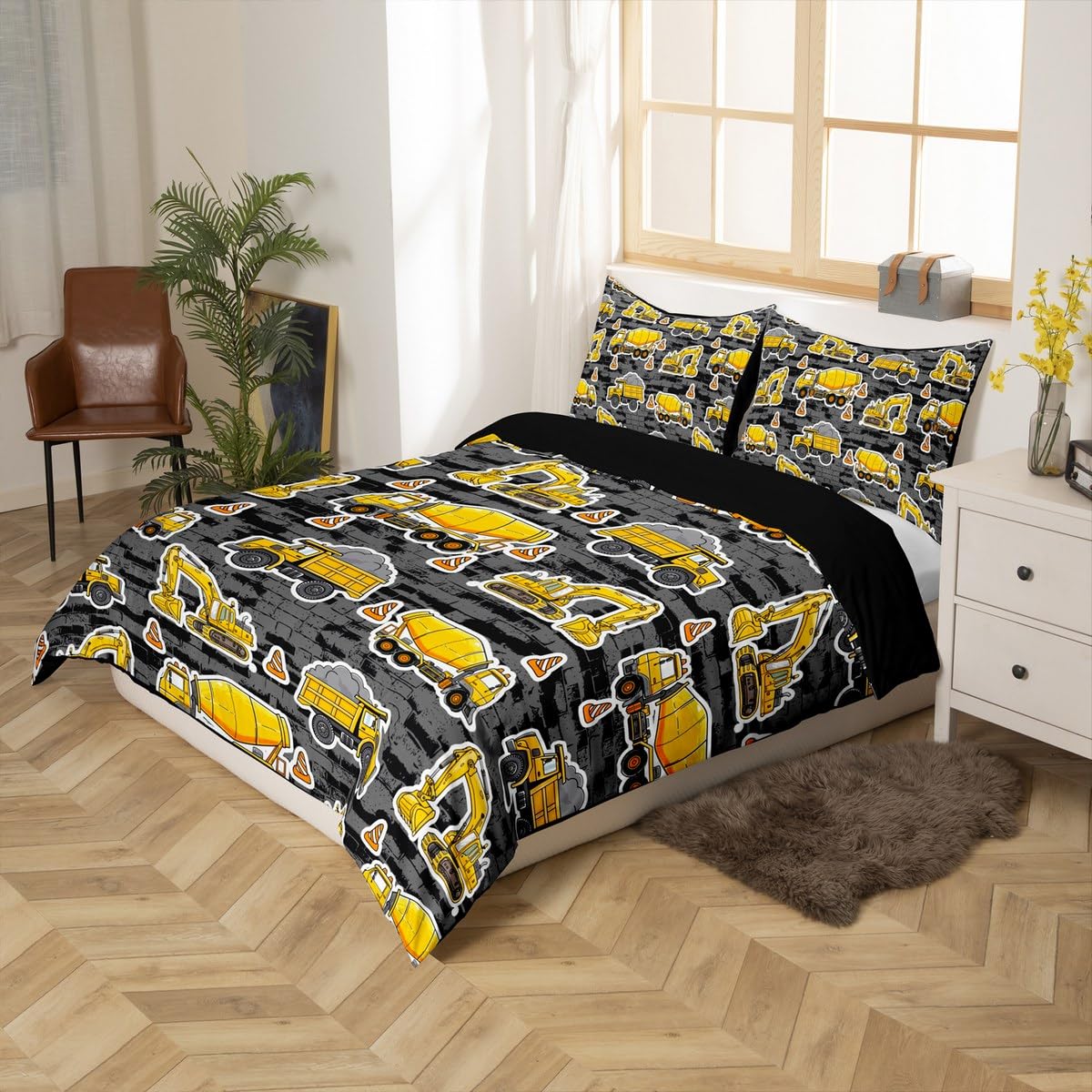 Erosebridal Excavator Comforter Cover Set Full Concrete Truck Pattern Duvet Cover Child Teens Construction Bedding Set for Kids Boys Cartoon Toy Cars Quilt Cover Bedroom Decor 3Pcs Bedclothes