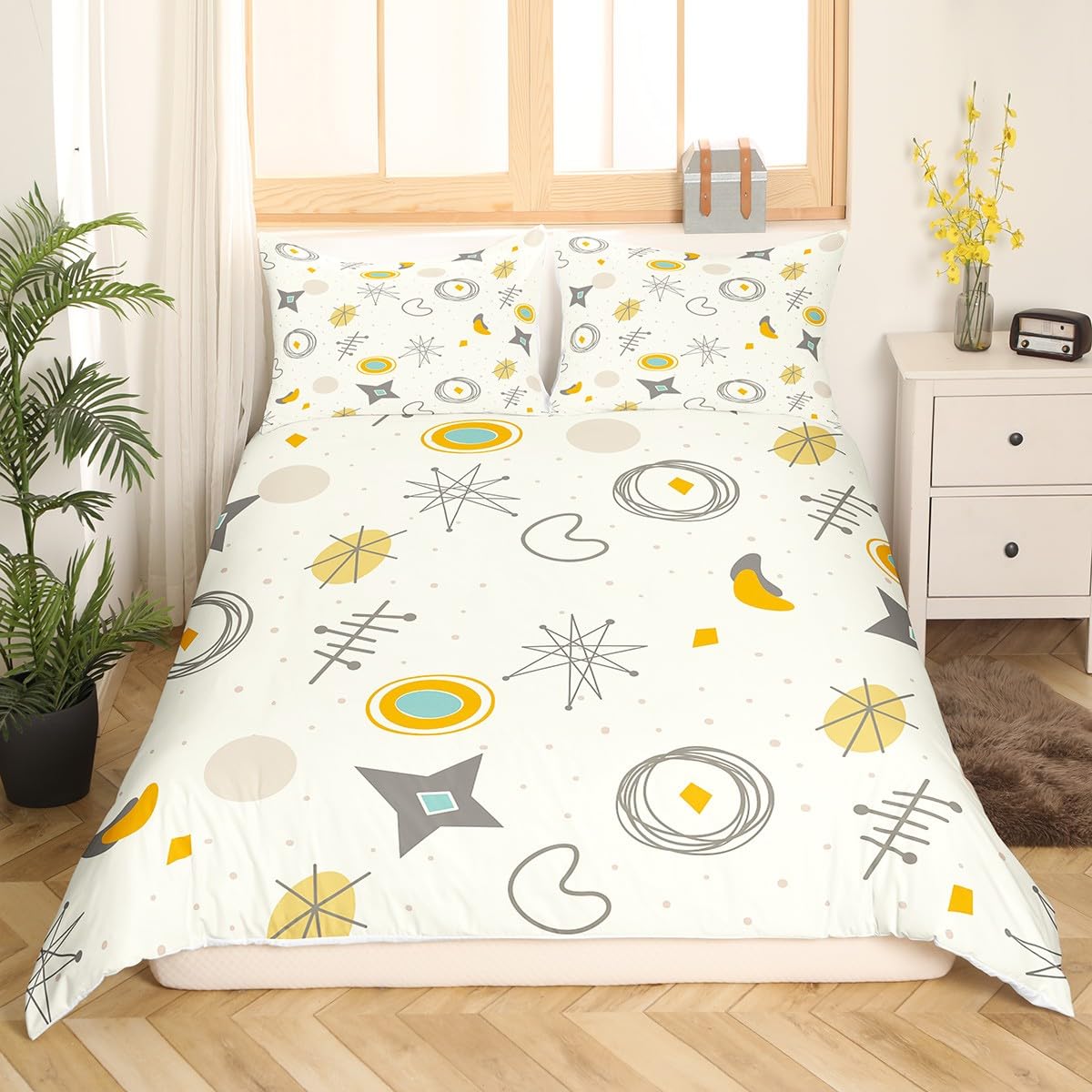Kids Cartoon Atomic Comforter Cover Modern Mid Century Bed Set, Retro Fifties Duvet Cover Queen Size Hippie Abstract Bedding Sets, Geometric Polka Dots Bedspread Cover Teal Orange Room Decorative
