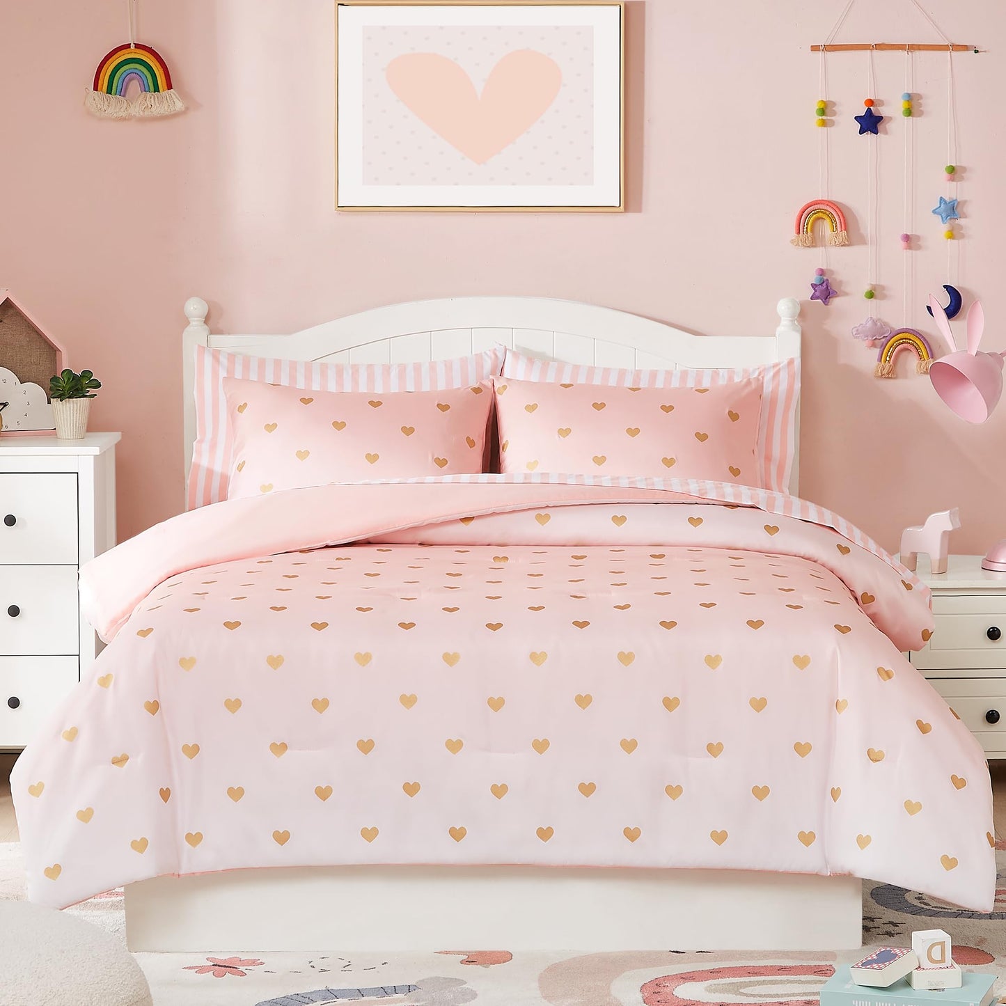 Wink Deer Twin Comforter Set with Sheets for Girls-5 Pieces Twin Bedding Sets with Pink White Gradient Ombre Comforter, Sheets, Pillowcase & Sham for Kids (Gold Heart, 66" X 86")