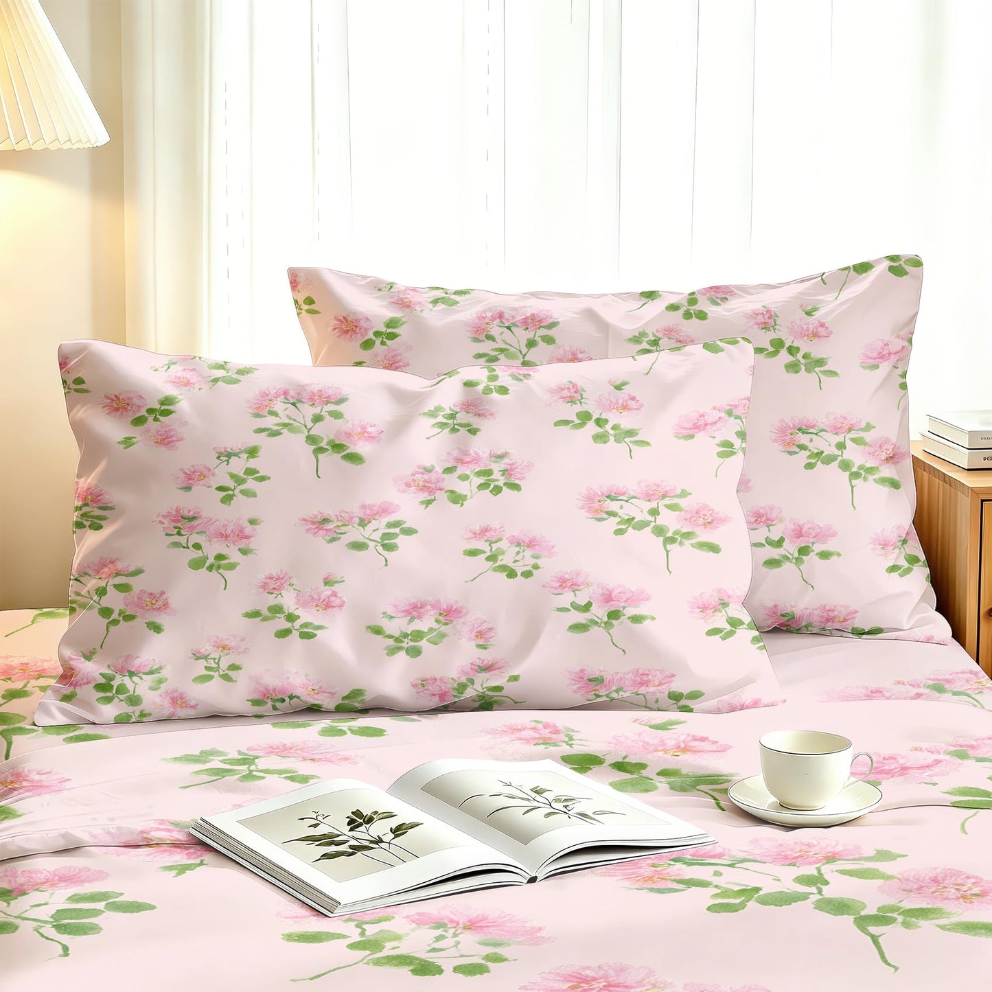 Pink Flower Queen Sheet Set Botanical Flat Fitted Sheet Sets