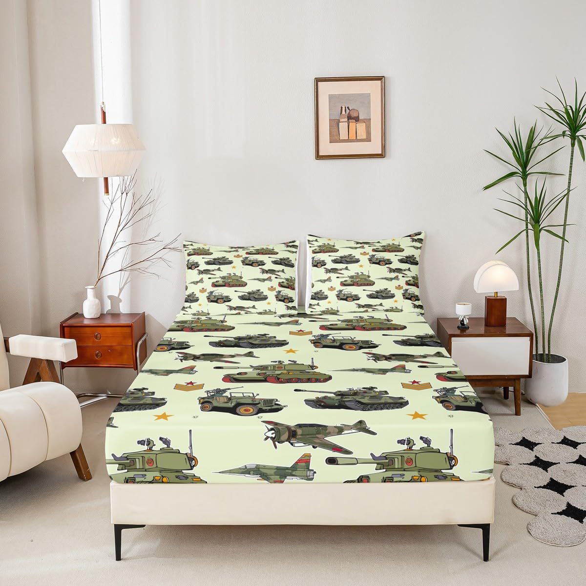 Aircraft Tank Fitted Sheet Full Size, Green Camo Helicopter Airplane Bedding Set 3pcs for Kids Boys Room Decor, Military Army Equipment Bed Cover with 2 Pillowcases, Soft Deep Pocket Sheets, No Flat