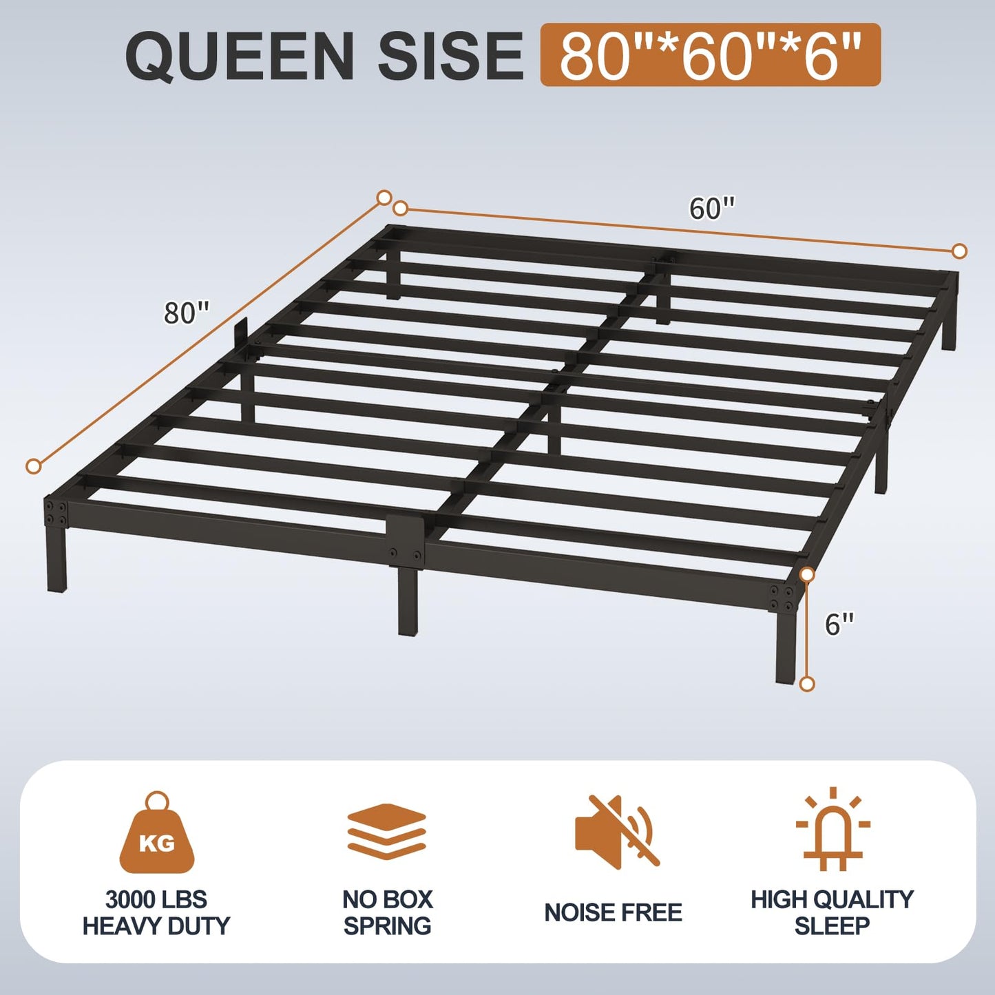 Kaelidra 6 Inch Bed Frame Queen Size Low Profile, Metal Platform Low Bed Frame, Heavy Duty Support Low Profile Bed Frame, No Box Spring Needed, Noise Free, Easy Assembly, Prevent Mattress From Sliding
