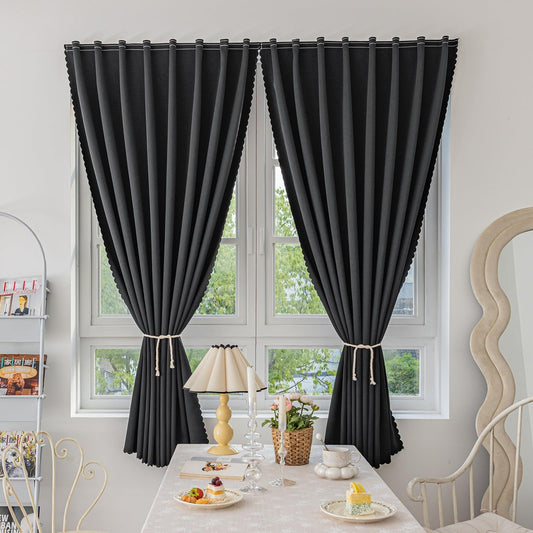 Jilron Magic Tape Stick on Curtains Blackout Curtains for Bedroom no Drillng Self Adhesive Curtain no Rod Small Window (Black, 35" W x 40" L) 2 Panels